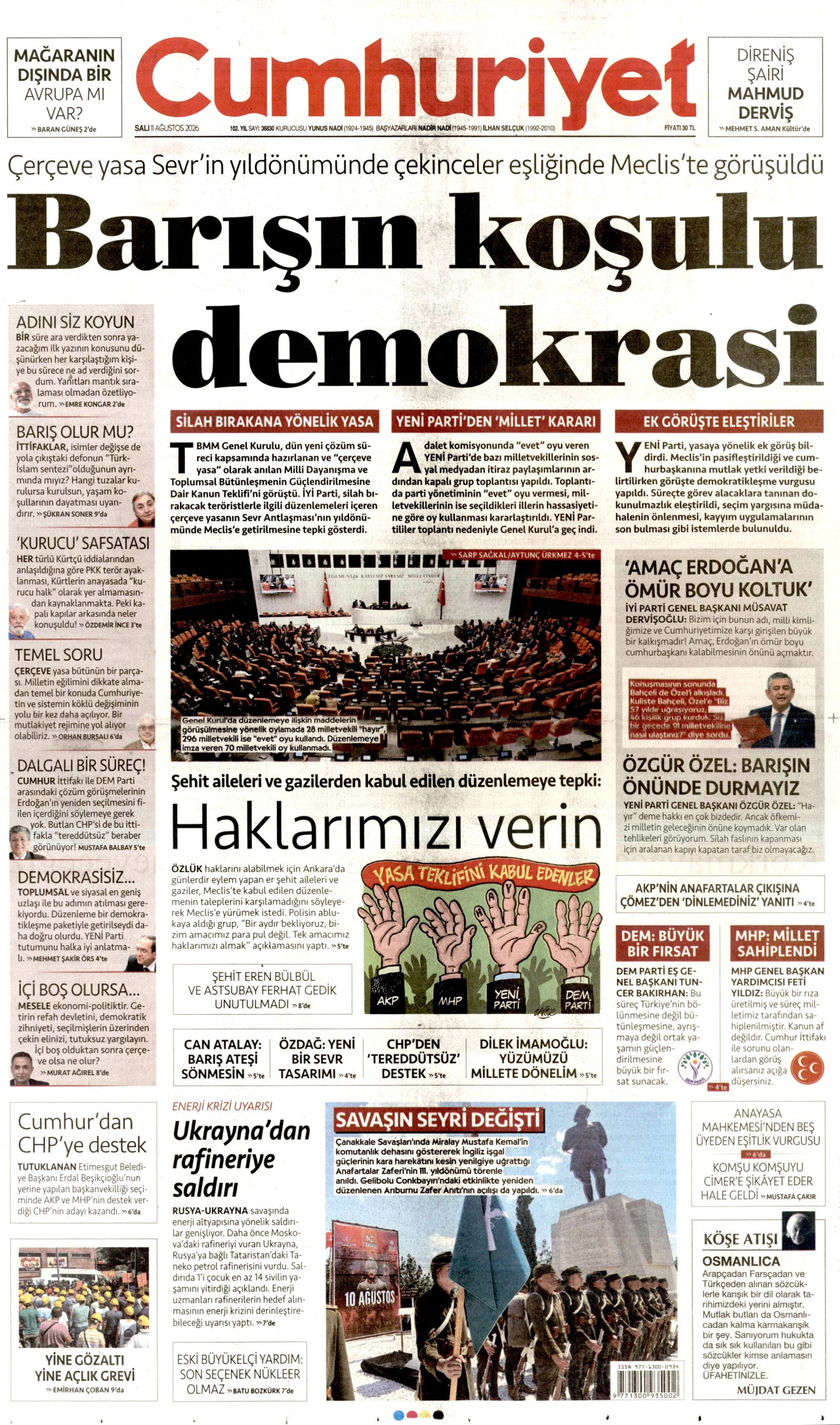 CUMHURİYET gazetesinin 11 Ağustos 2026 tarihli birinci sayfası
