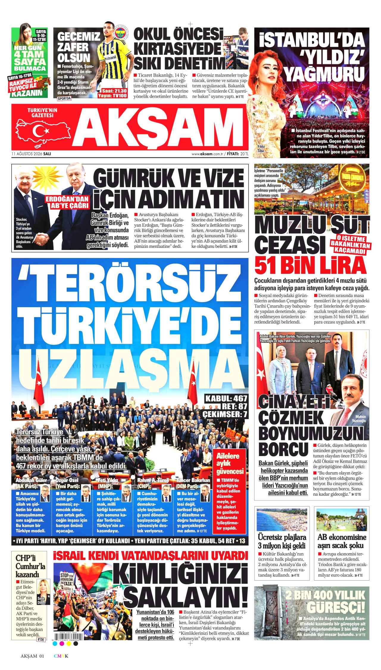 AKŞAM gazetesinin 11 Ağustos 2026 tarihli birinci sayfası