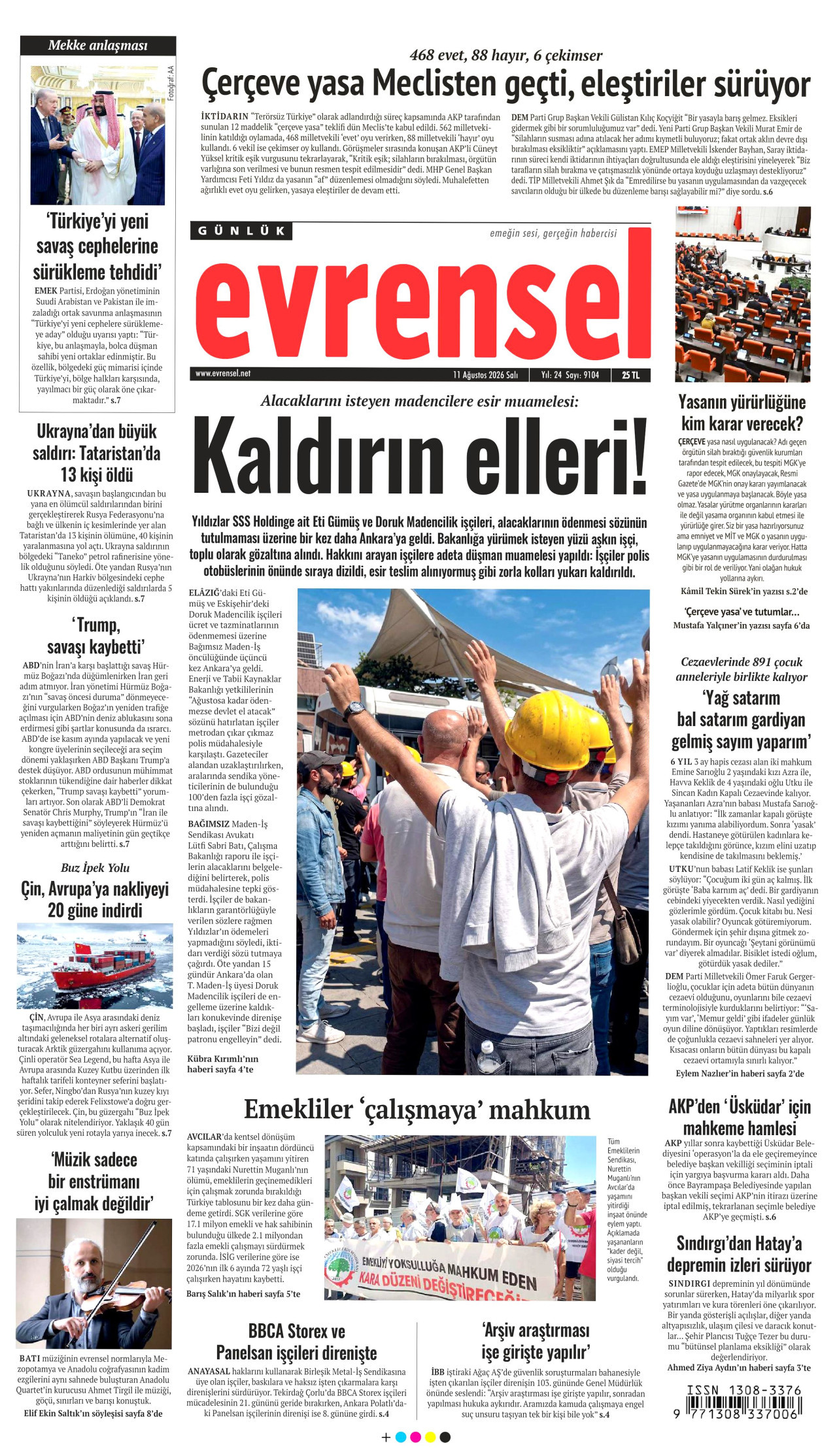 EVRENSEL gazetesinin 11 Ağustos 2026 tarihli birinci sayfası