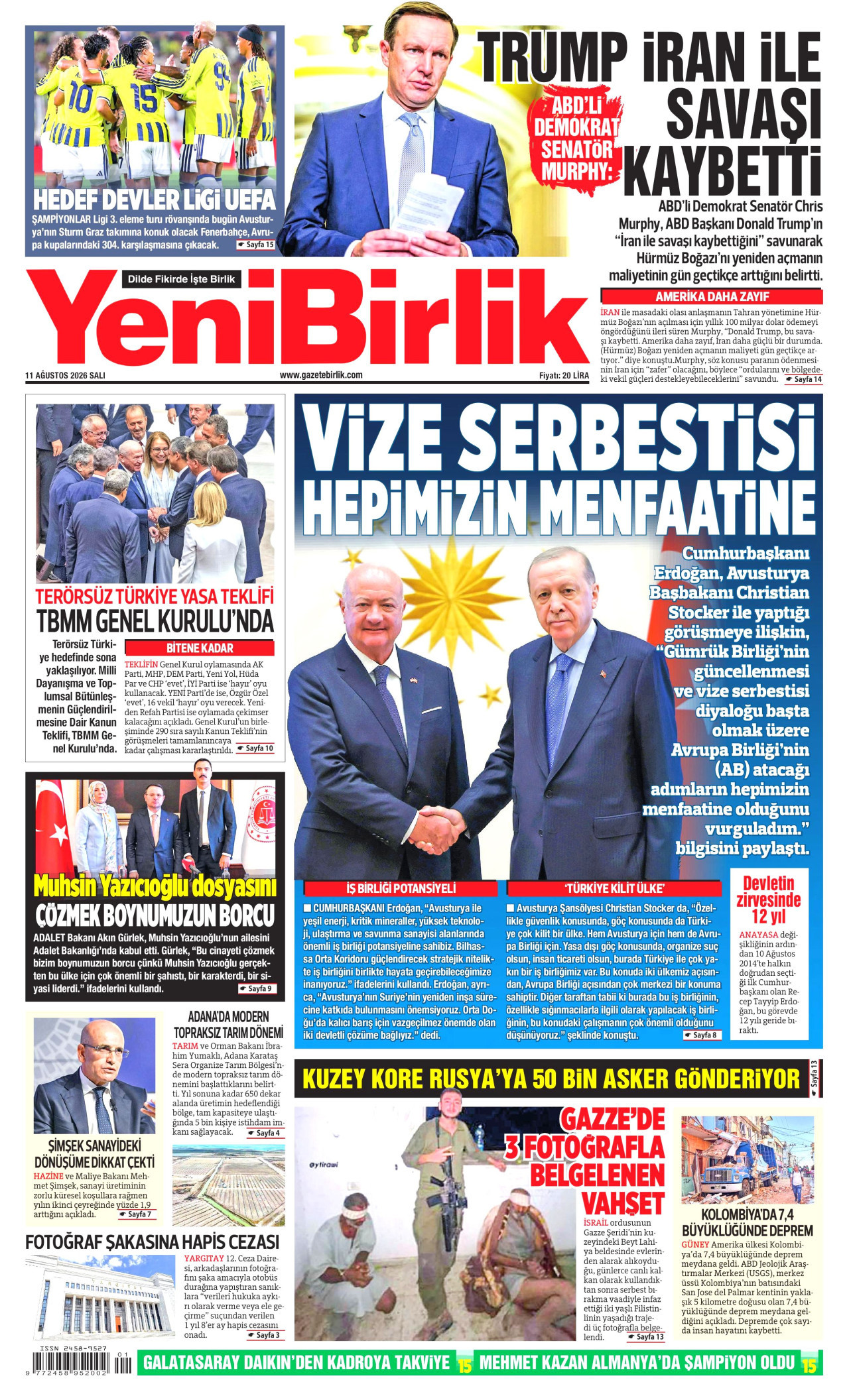 YENİBİRLİK gazetesinin 11 Ağustos 2026 tarihli birinci sayfası
