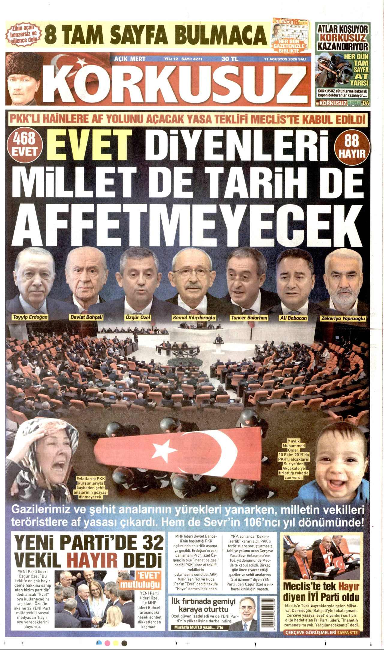 KORKUSUZ gazetesinin 11 Ağustos 2026 tarihli birinci sayfası