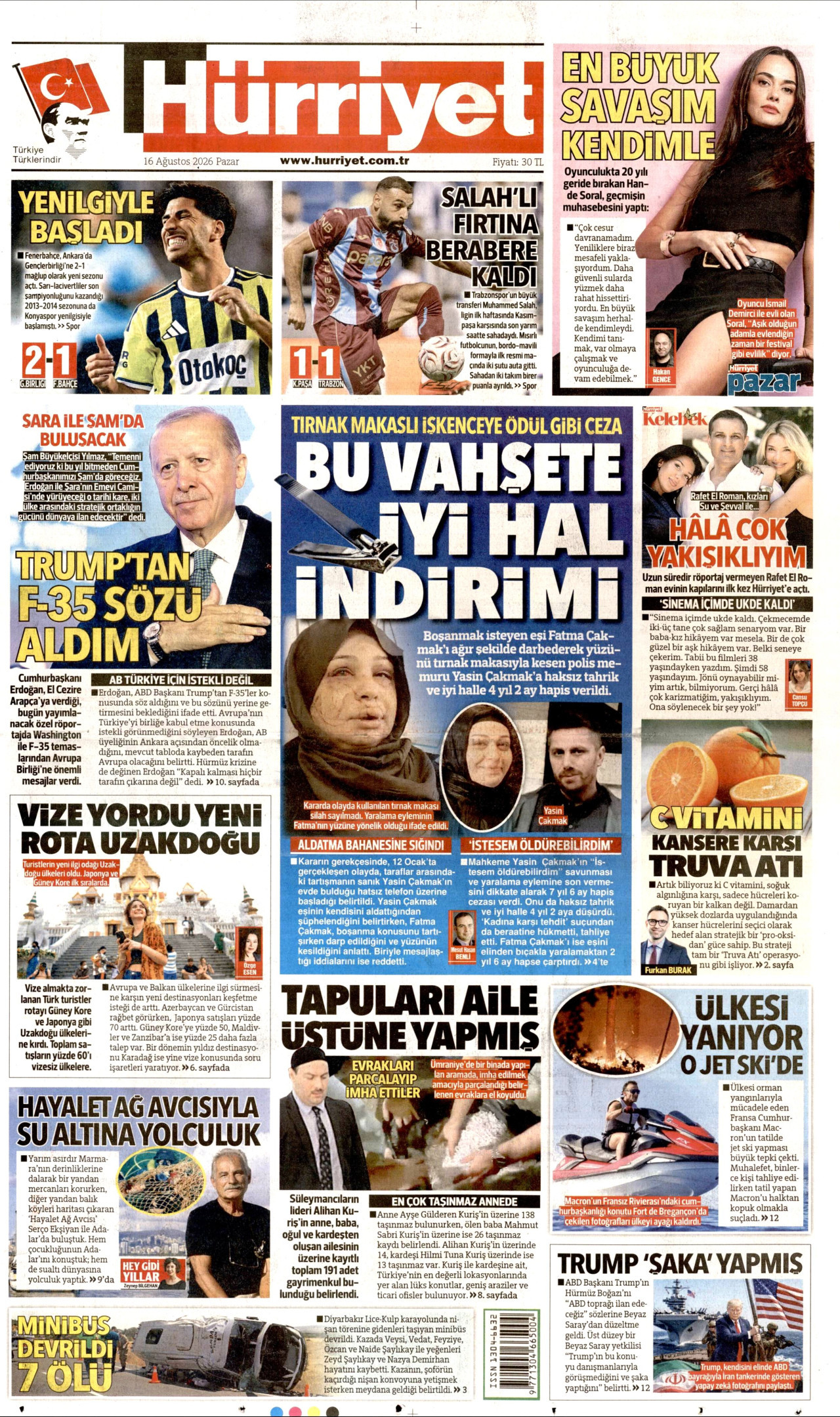HÜRRİYET gazetesinin 16 Ağustos 2026 tarihli birinci sayfası