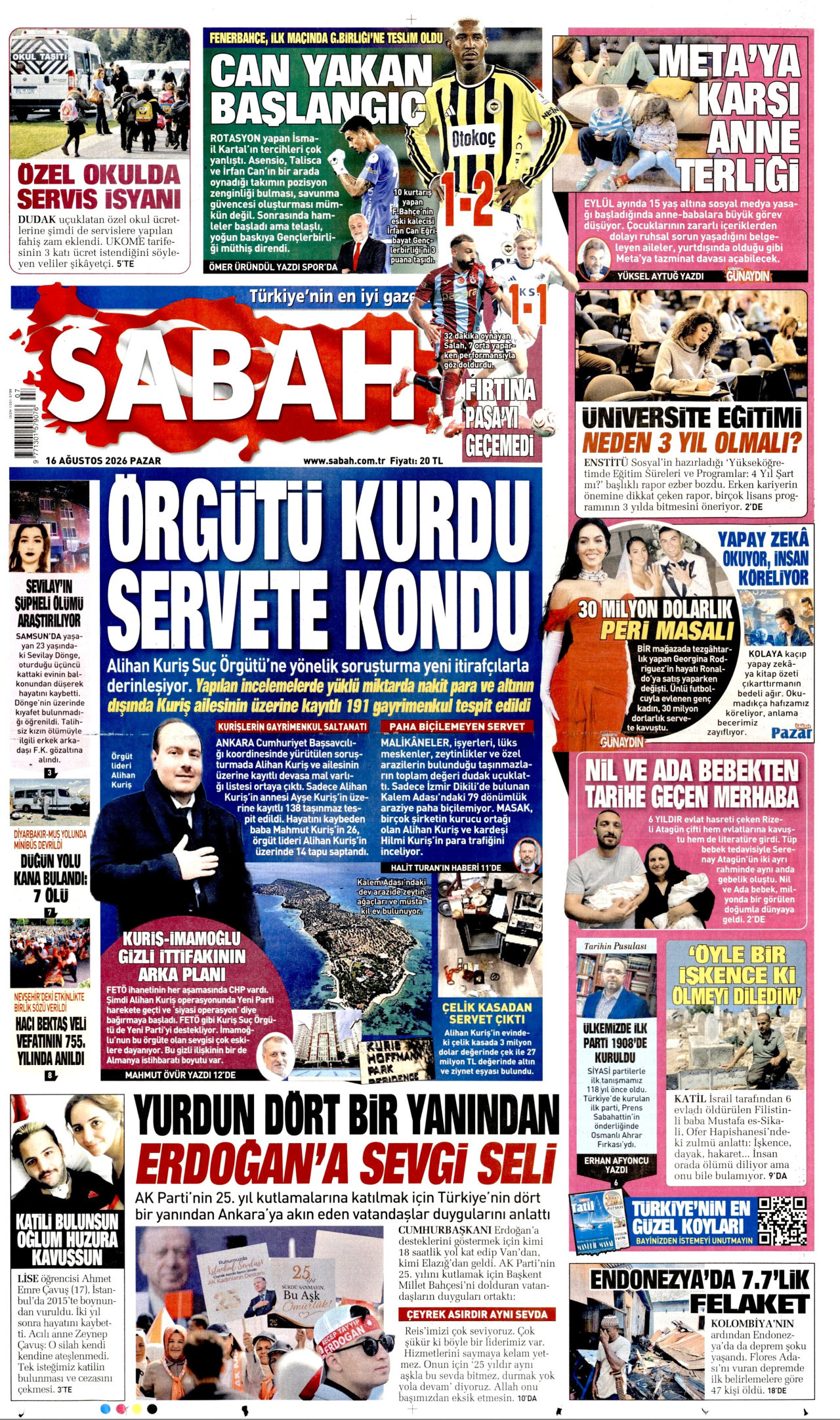 SABAH gazetesinin 16 Ağustos 2026 tarihli birinci sayfası