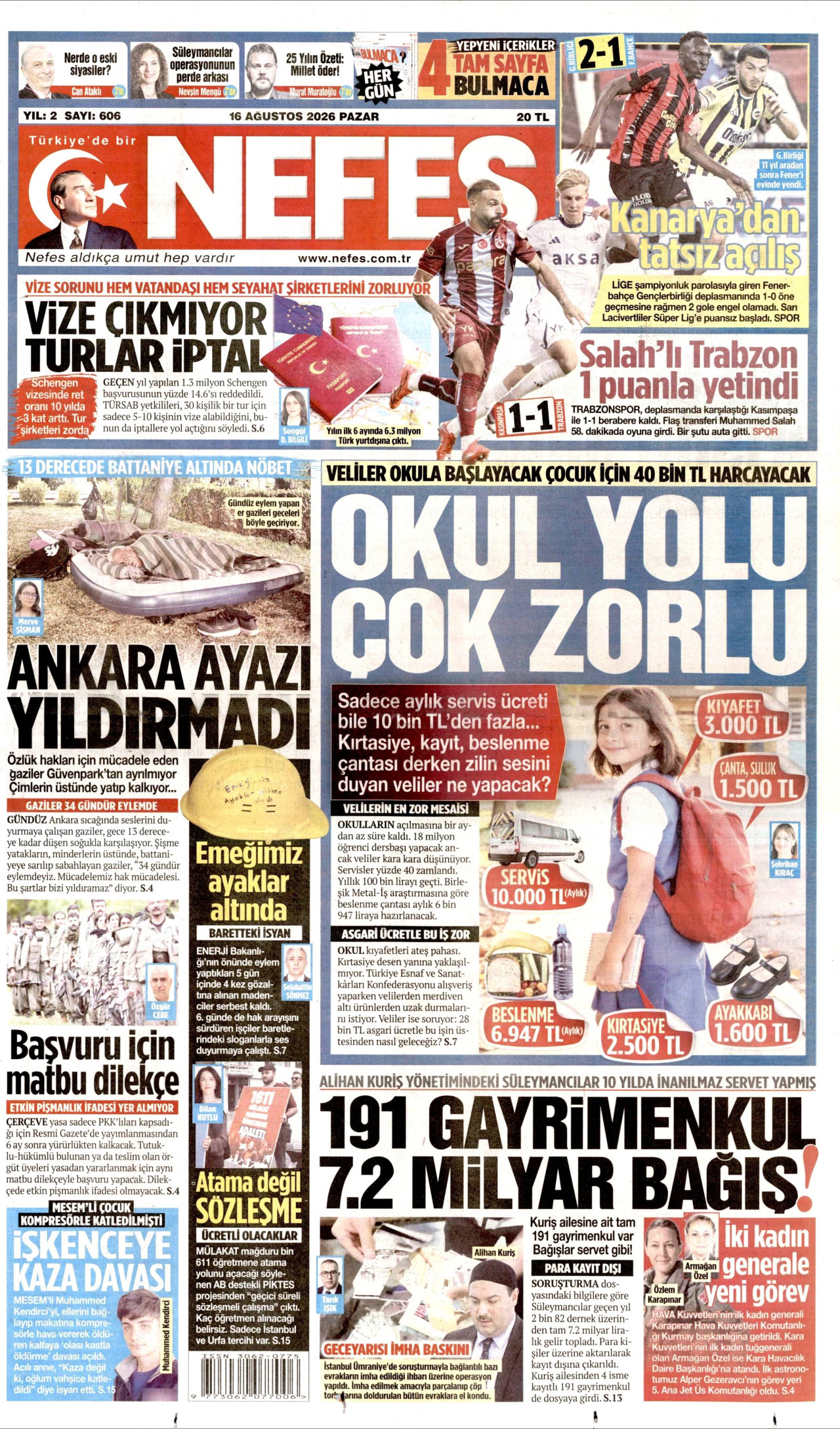 NEFES gazetesinin 16 Ağustos 2026 tarihli birinci sayfası