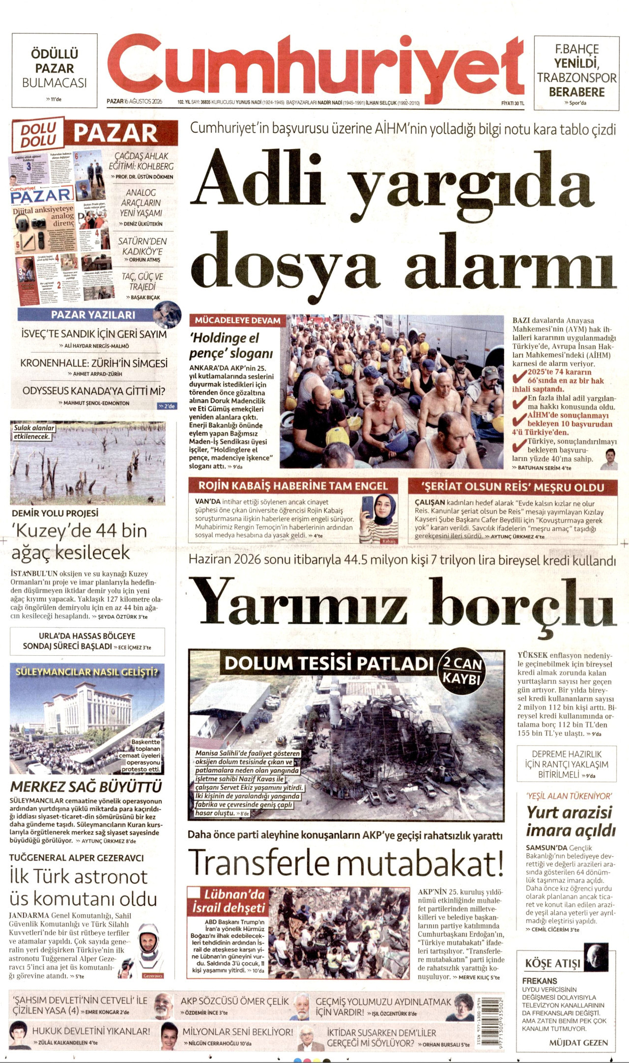 CUMHURİYET gazetesinin 16 Ağustos 2026 tarihli birinci sayfası