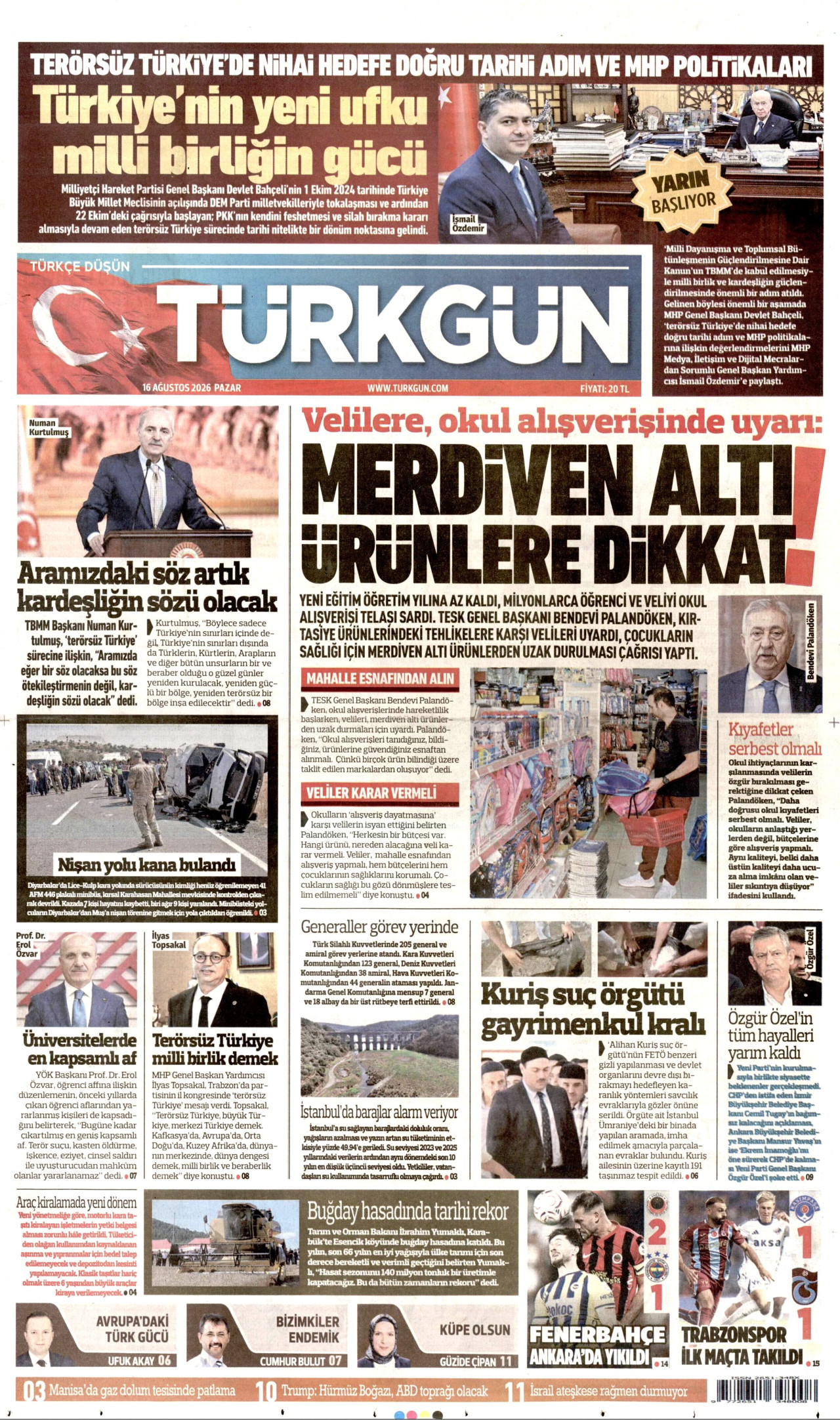 TÜRKGÜN gazetesinin 16 Ağustos 2026 tarihli birinci sayfası