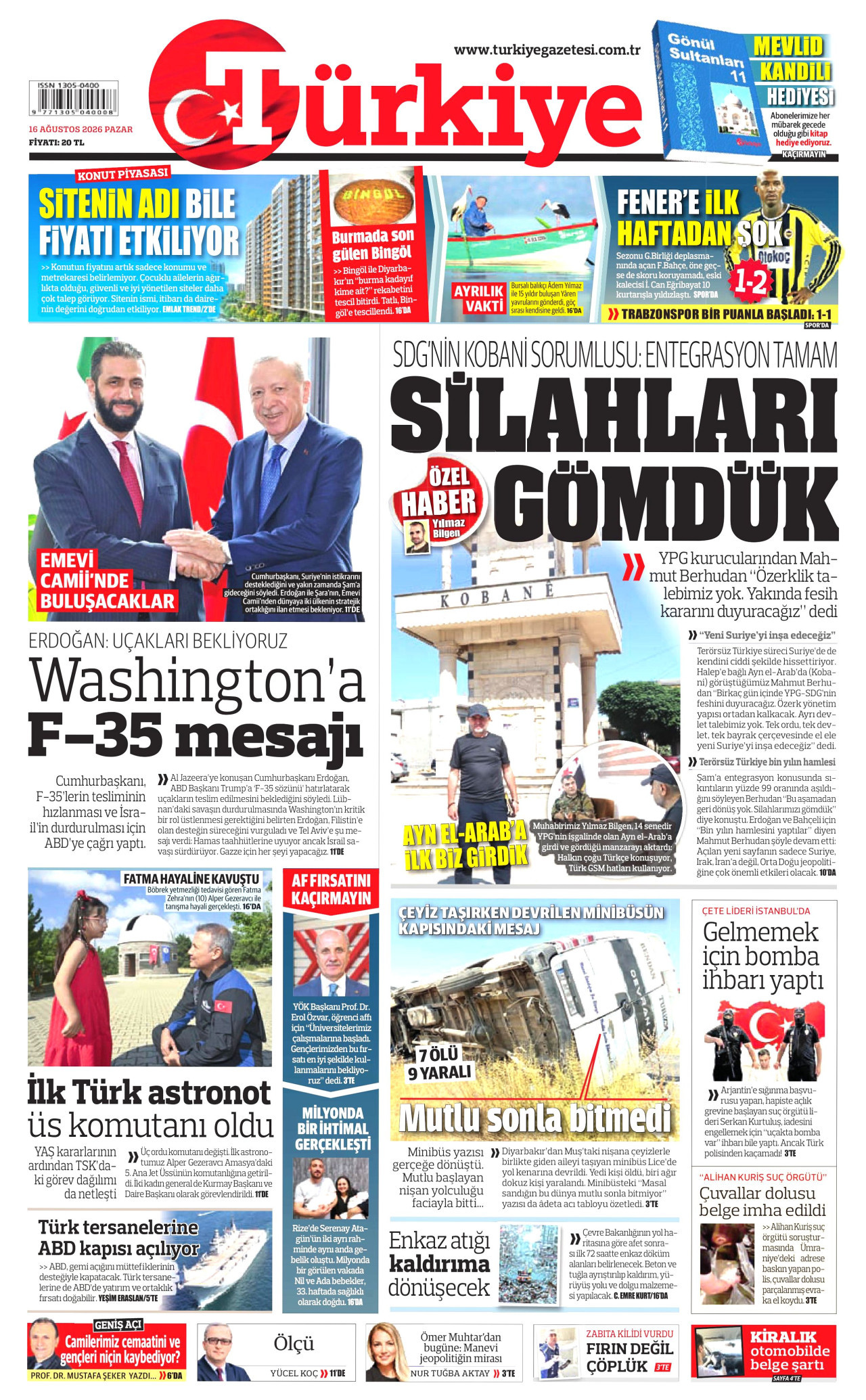 TÜRKİYE GAZETESİ gazetesinin 16 Ağustos 2026 tarihli birinci sayfası