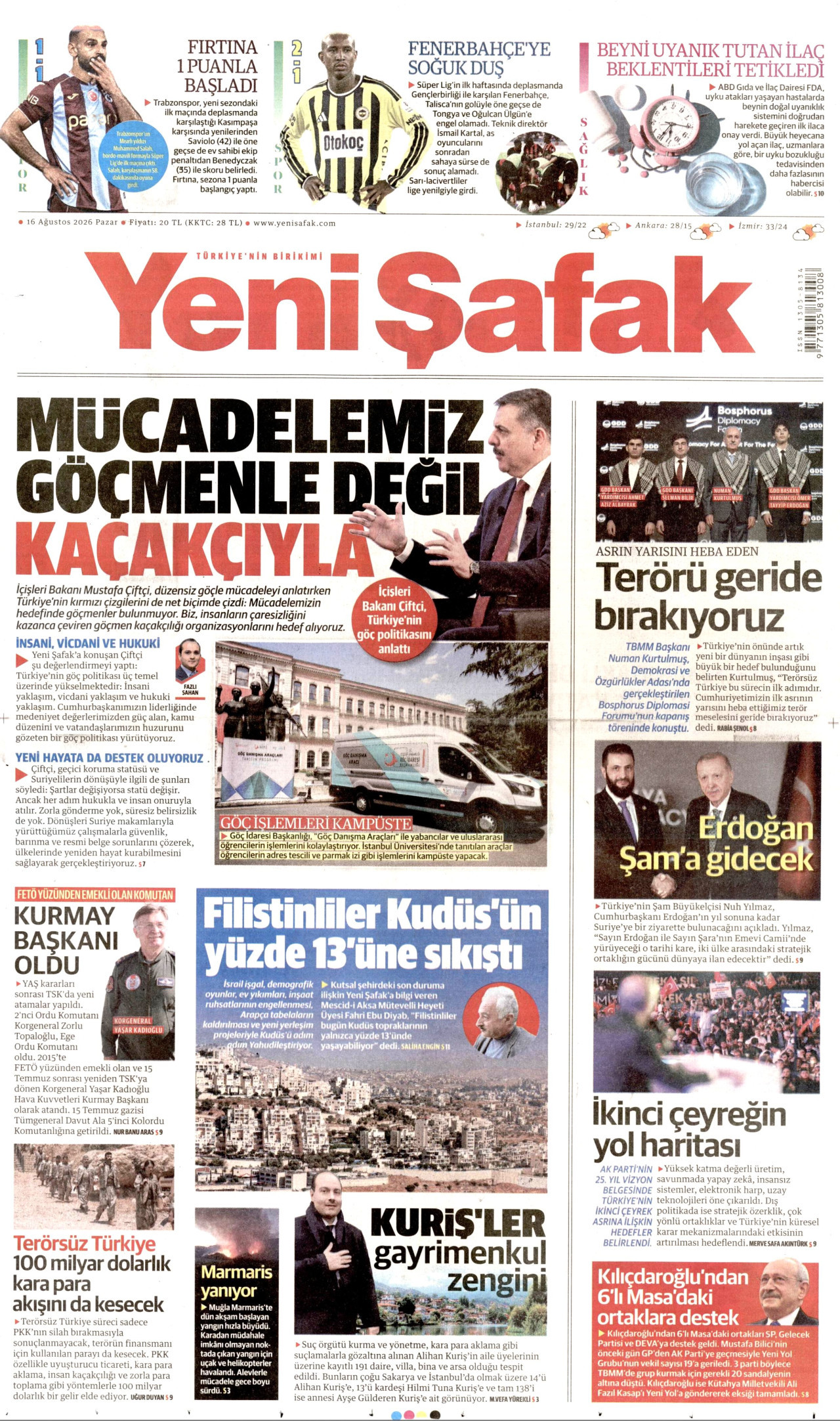 YENİ ŞAFAK gazetesinin 16 Ağustos 2026 tarihli birinci sayfası