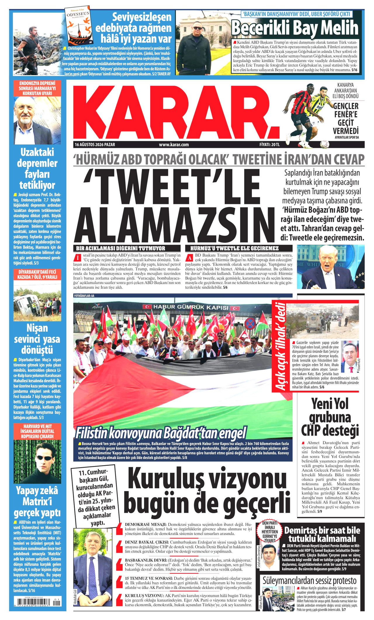 KARAR gazetesinin 16 Ağustos 2026 tarihli birinci sayfası