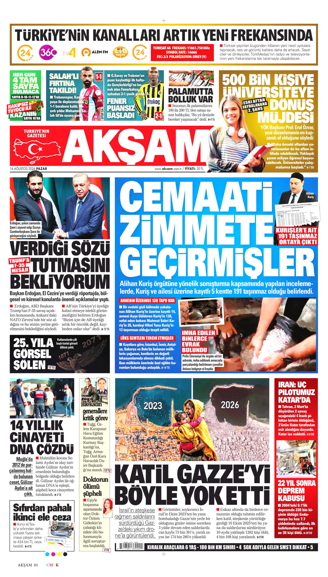 AKŞAM gazetesinin 16 Ağustos 2026 tarihli birinci sayfası