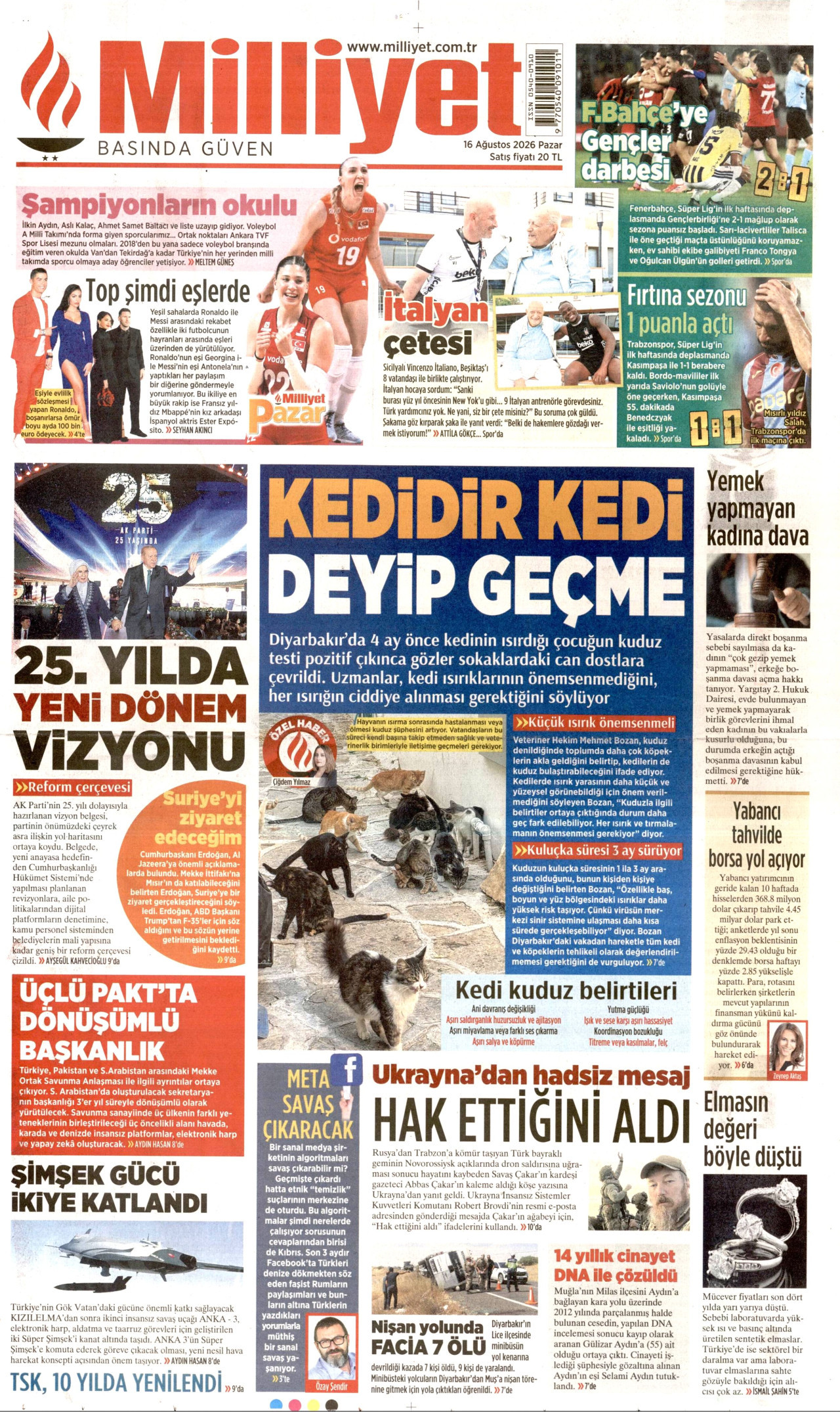 MİLLİYET gazetesinin 16 Ağustos 2026 tarihli birinci sayfası