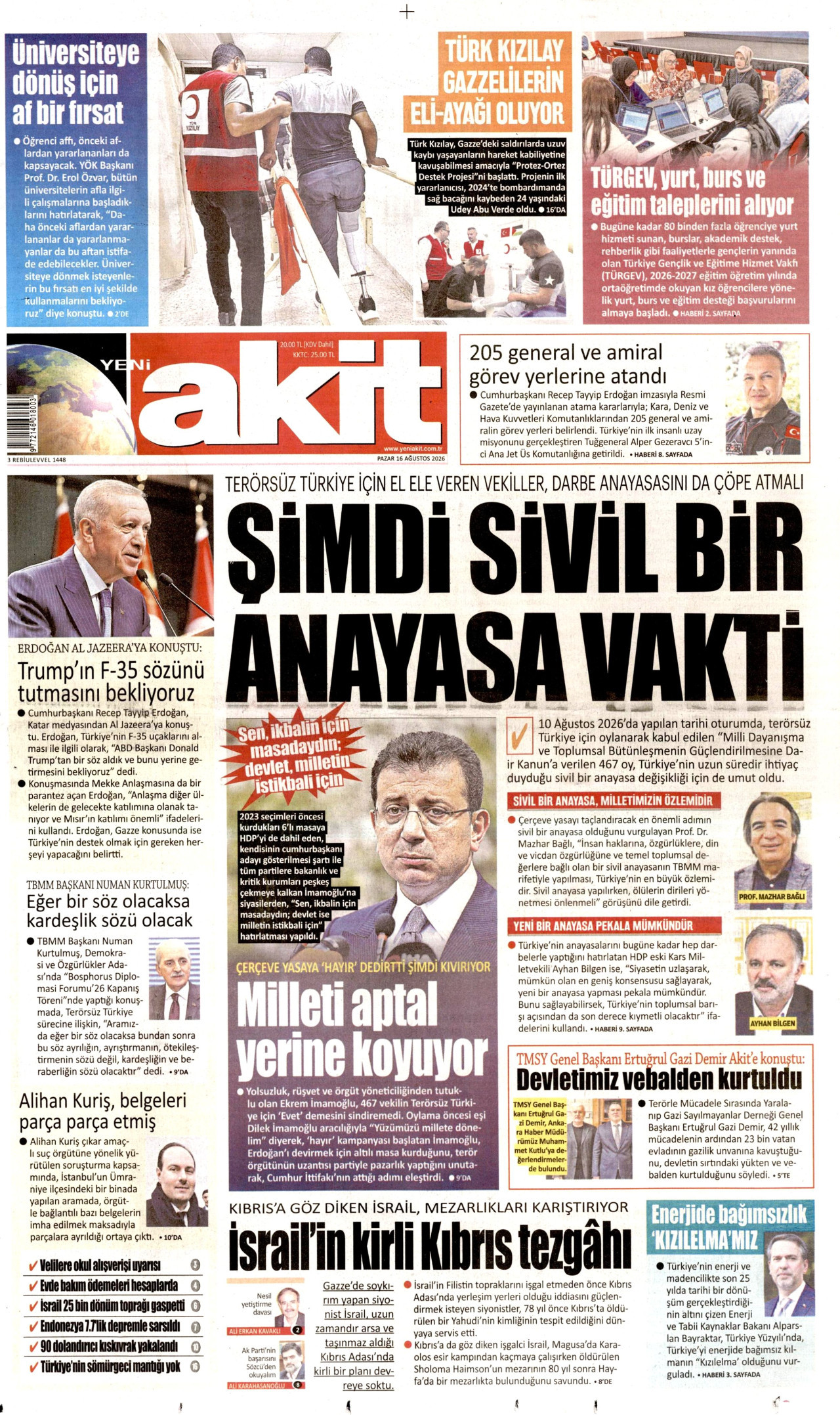 YENİ AKİT gazetesinin 16 Ağustos 2026 tarihli birinci sayfası