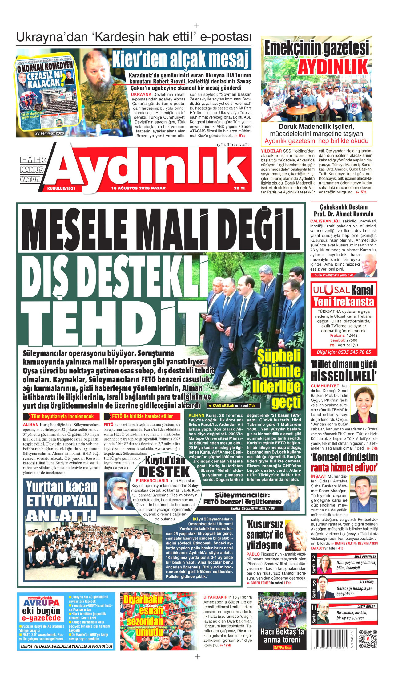 AYDINLIK GAZETESİ gazetesinin 16 Ağustos 2026 tarihli birinci sayfası