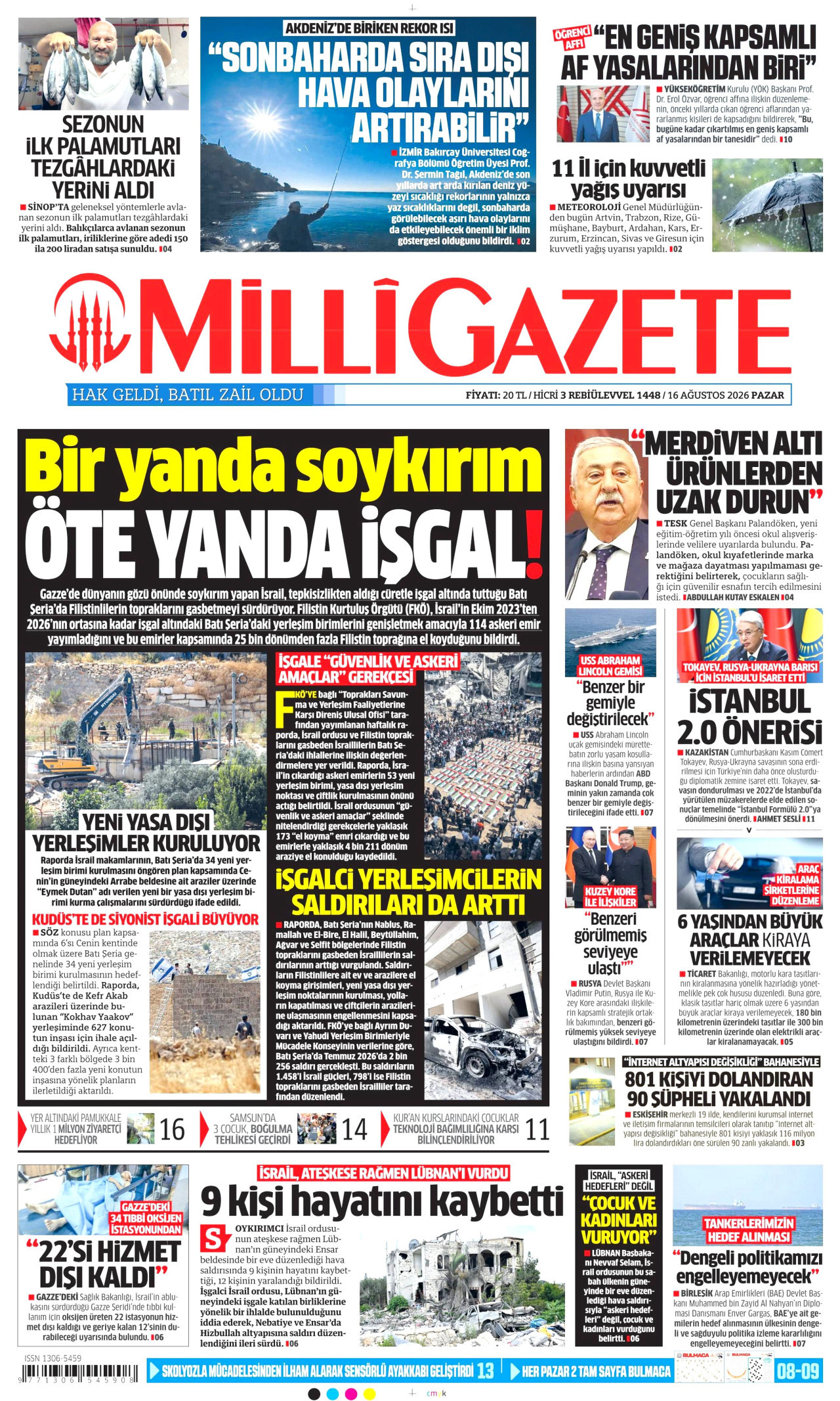 MİLLİ GAZETE gazetesinin 16 Ağustos 2026 tarihli birinci sayfası