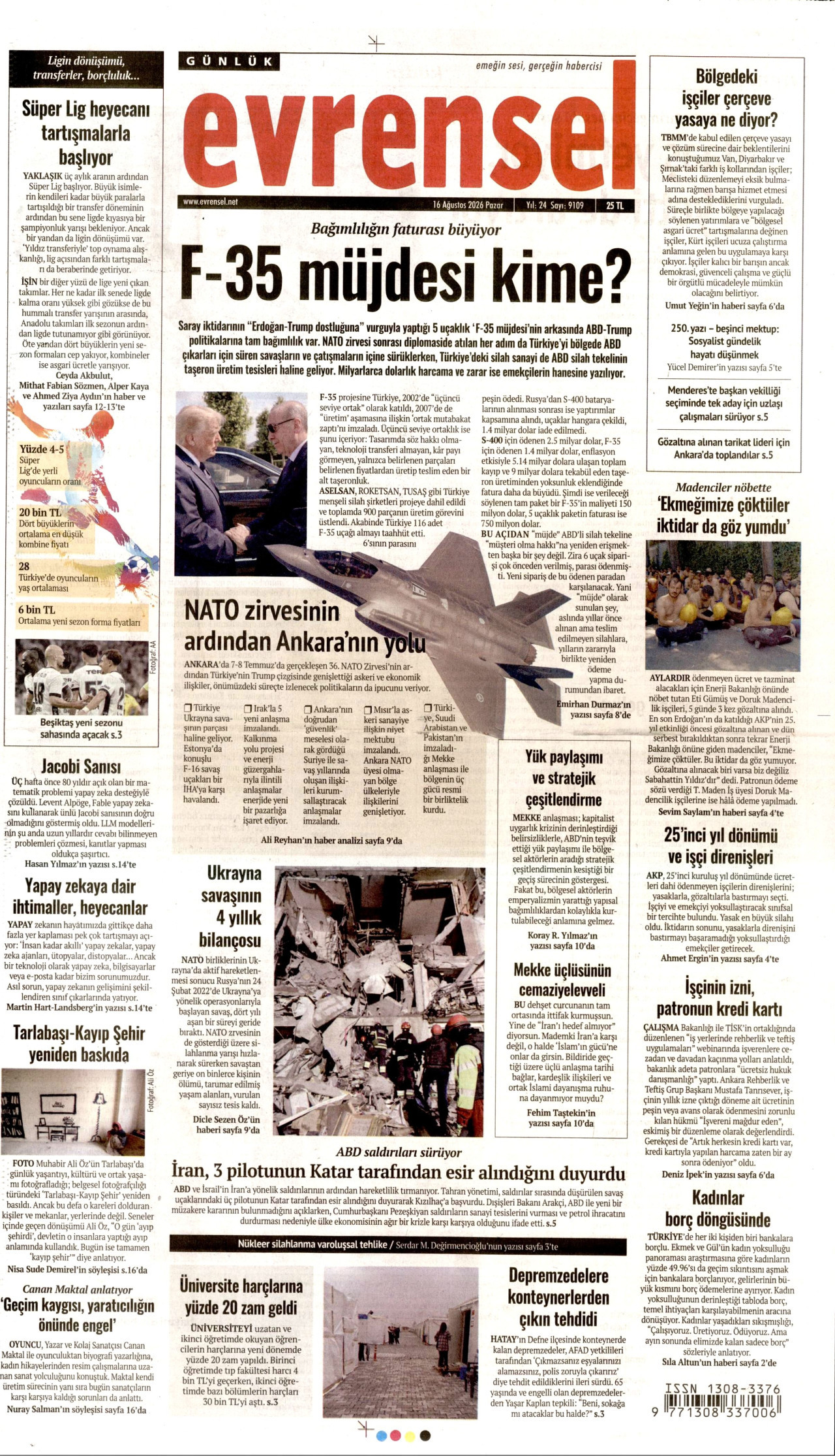 EVRENSEL gazetesinin 16 Ağustos 2026 tarihli birinci sayfası