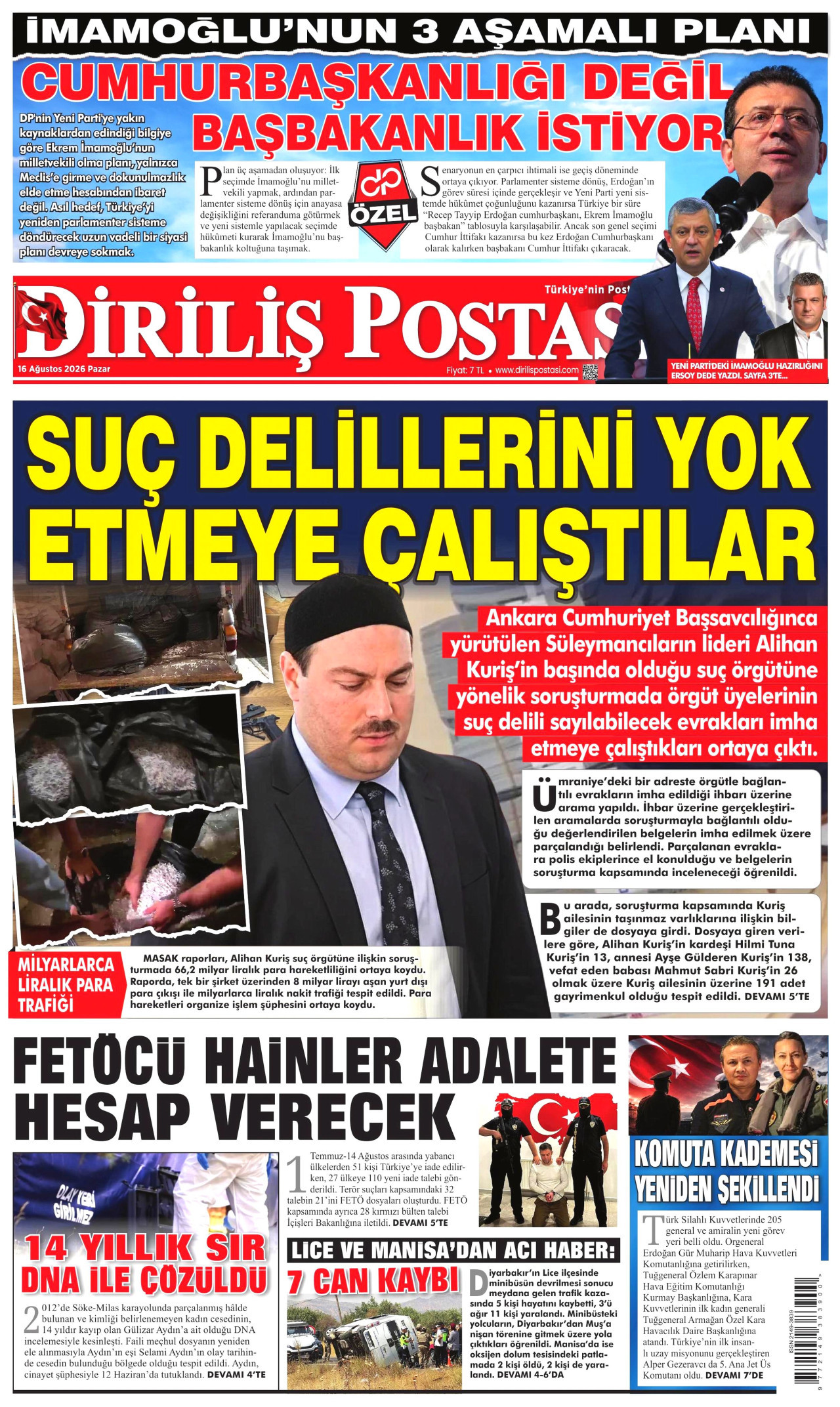 DİRİLİŞ POSTASI gazetesinin 16 Ağustos 2026 tarihli birinci sayfası