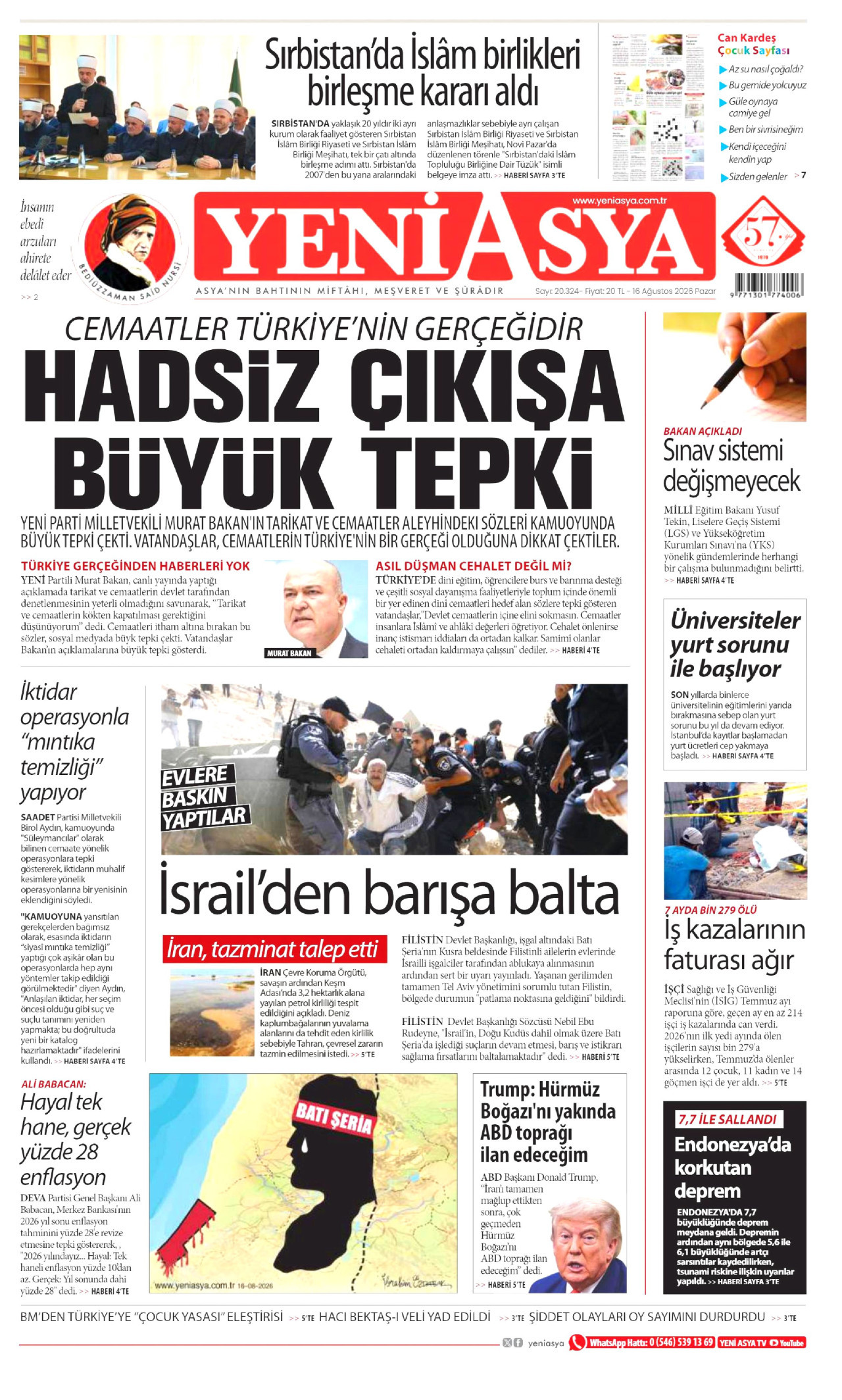 YENİ ASYA gazetesinin 16 Ağustos 2026 tarihli birinci sayfası
