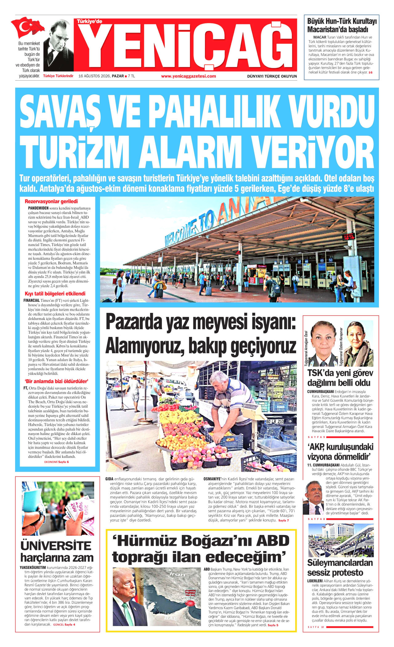YENİÇAĞ gazetesinin 16 Ağustos 2026 tarihli birinci sayfası