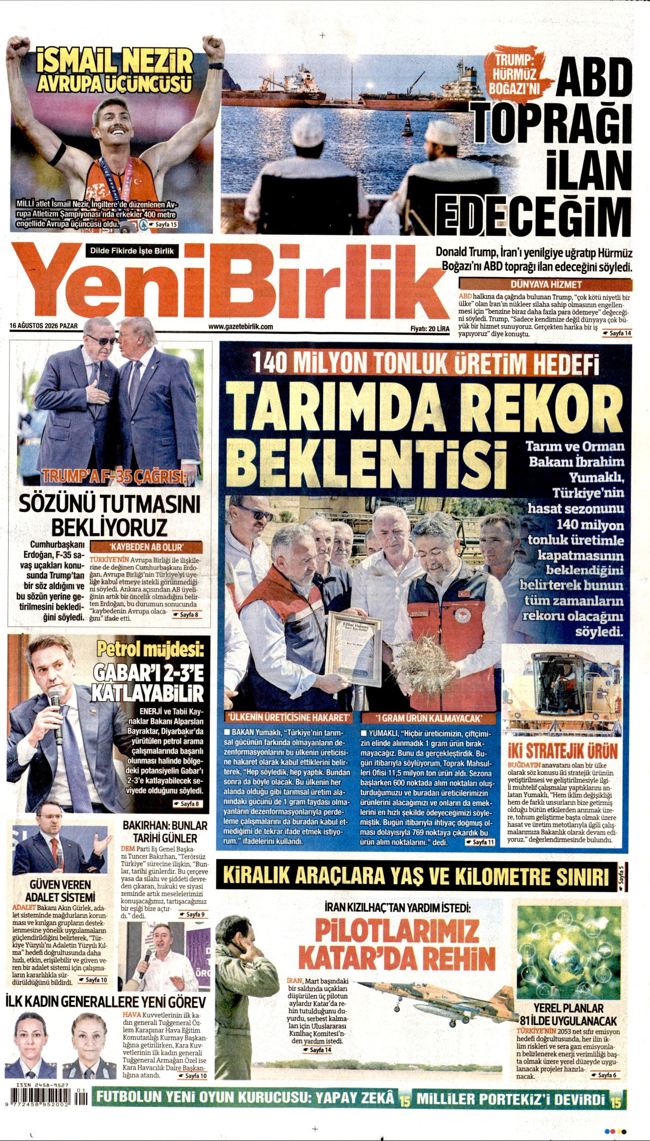YENİBİRLİK gazetesinin 16 Ağustos 2026 tarihli birinci sayfası