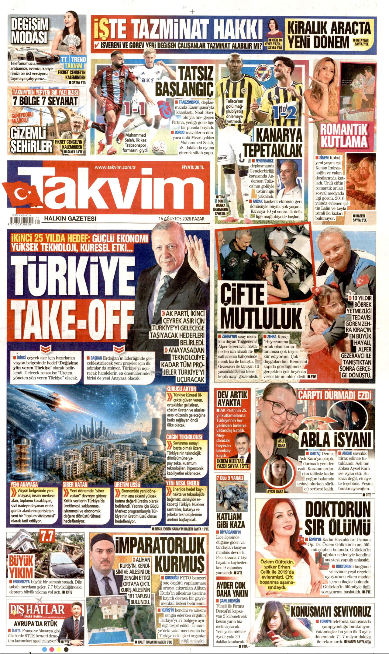 TAKVİM gazetesinin 16 Ağustos 2026 tarihli birinci sayfası