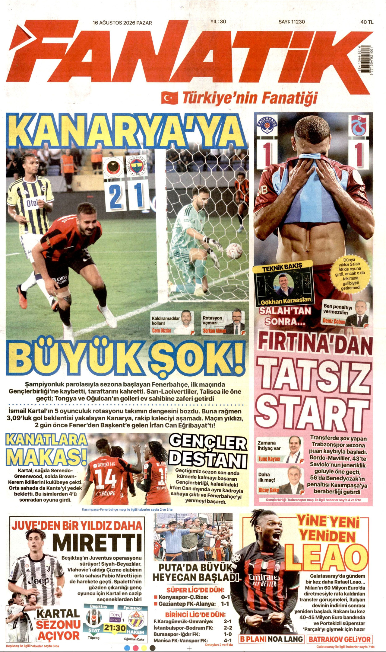 FANATİK gazetesinin 16 Ağustos 2026 tarihli birinci sayfası