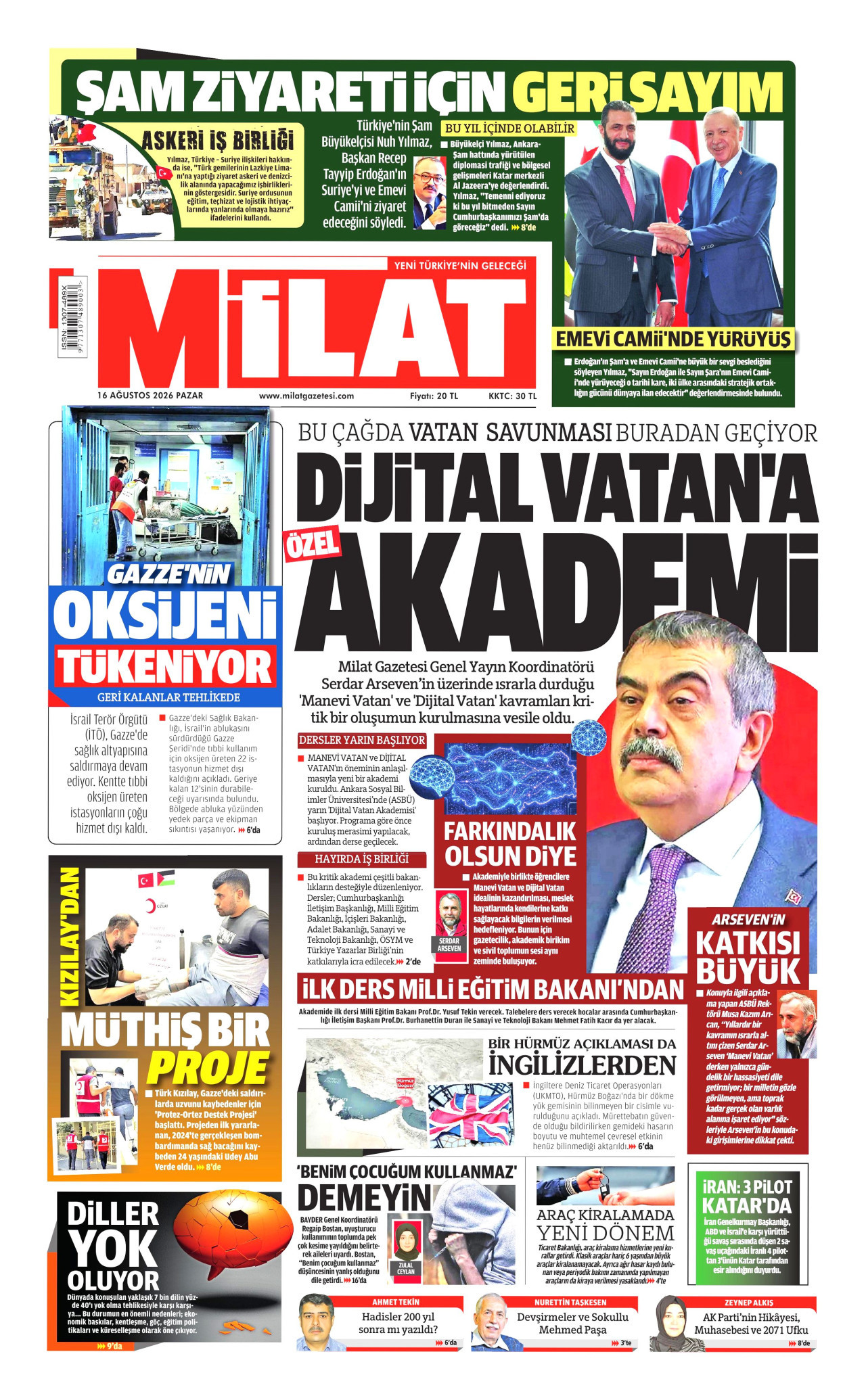 MİLAT gazetesinin 16 Ağustos 2026 tarihli birinci sayfası