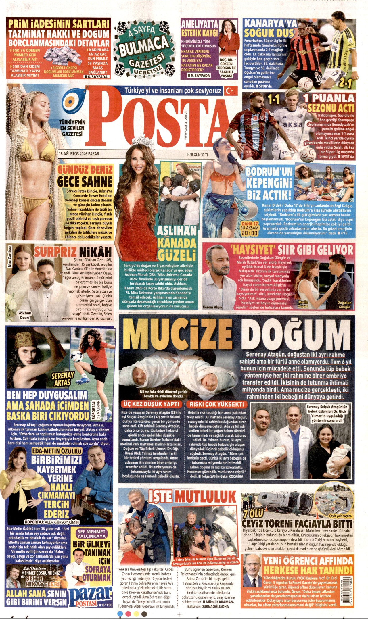 POSTA gazetesinin 16 Ağustos 2026 tarihli birinci sayfası