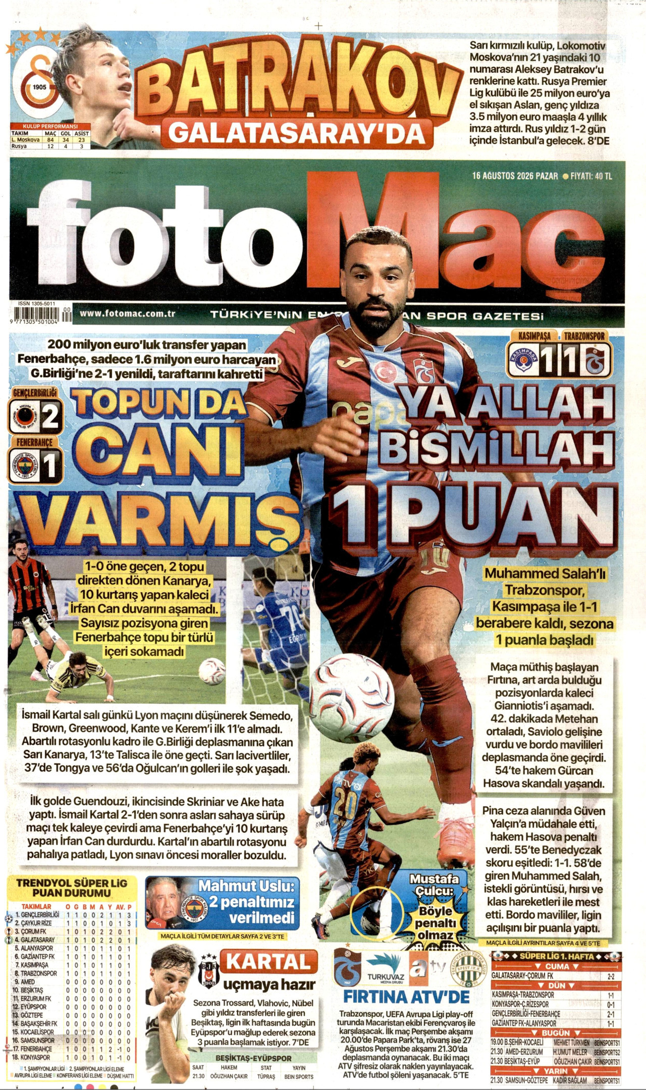 FOTOMAÇ gazetesinin 16 Ağustos 2026 tarihli birinci sayfası