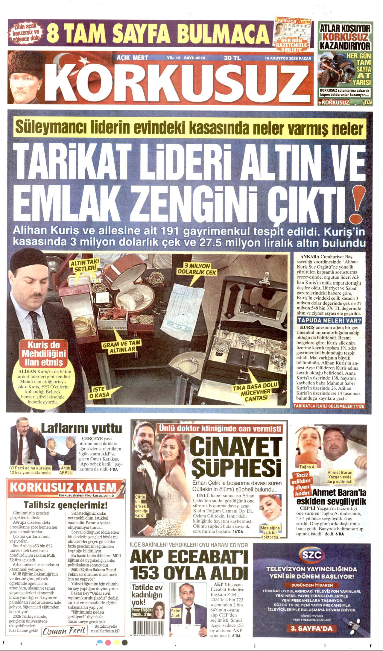 KORKUSUZ gazetesinin 16 Ağustos 2026 tarihli birinci sayfası
