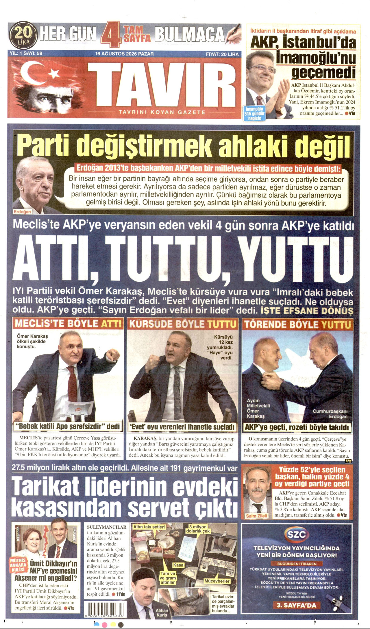 TAVIR GAZETESİ gazetesinin 16 Ağustos 2026 tarihli birinci sayfası