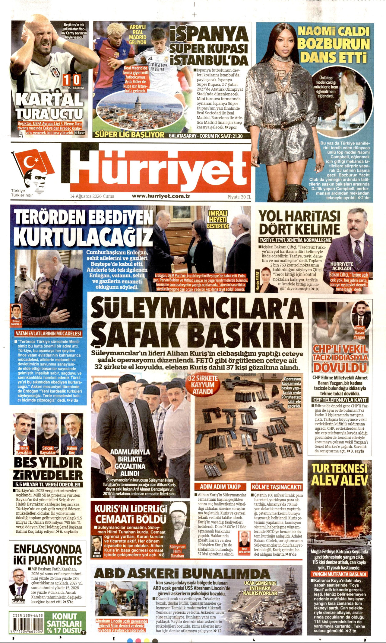 HÜRRİYET gazetesinin 14 Ağustos 2026 tarihli birinci sayfası