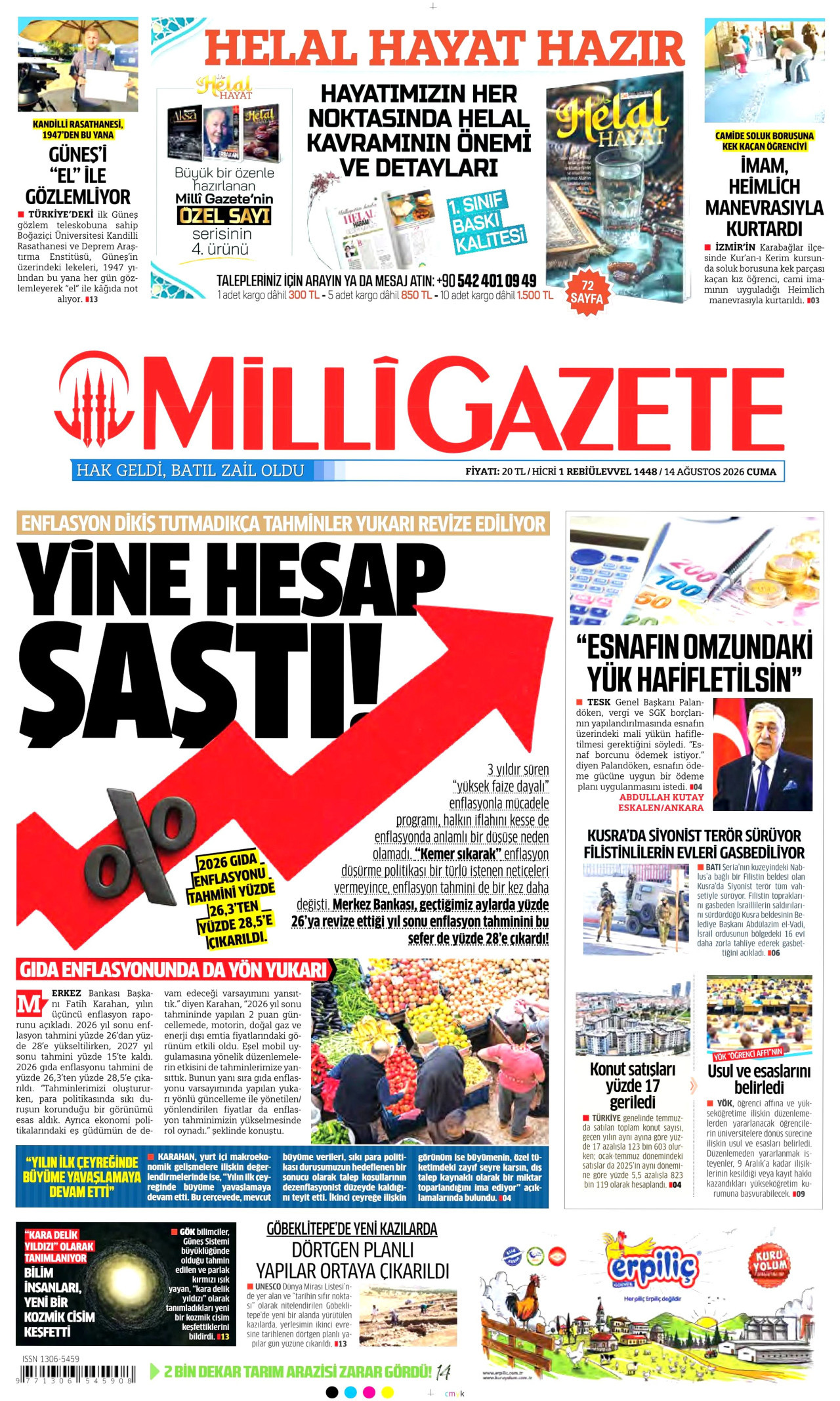 MİLLİ GAZETE gazetesinin 14 Ağustos 2026 tarihli birinci sayfası