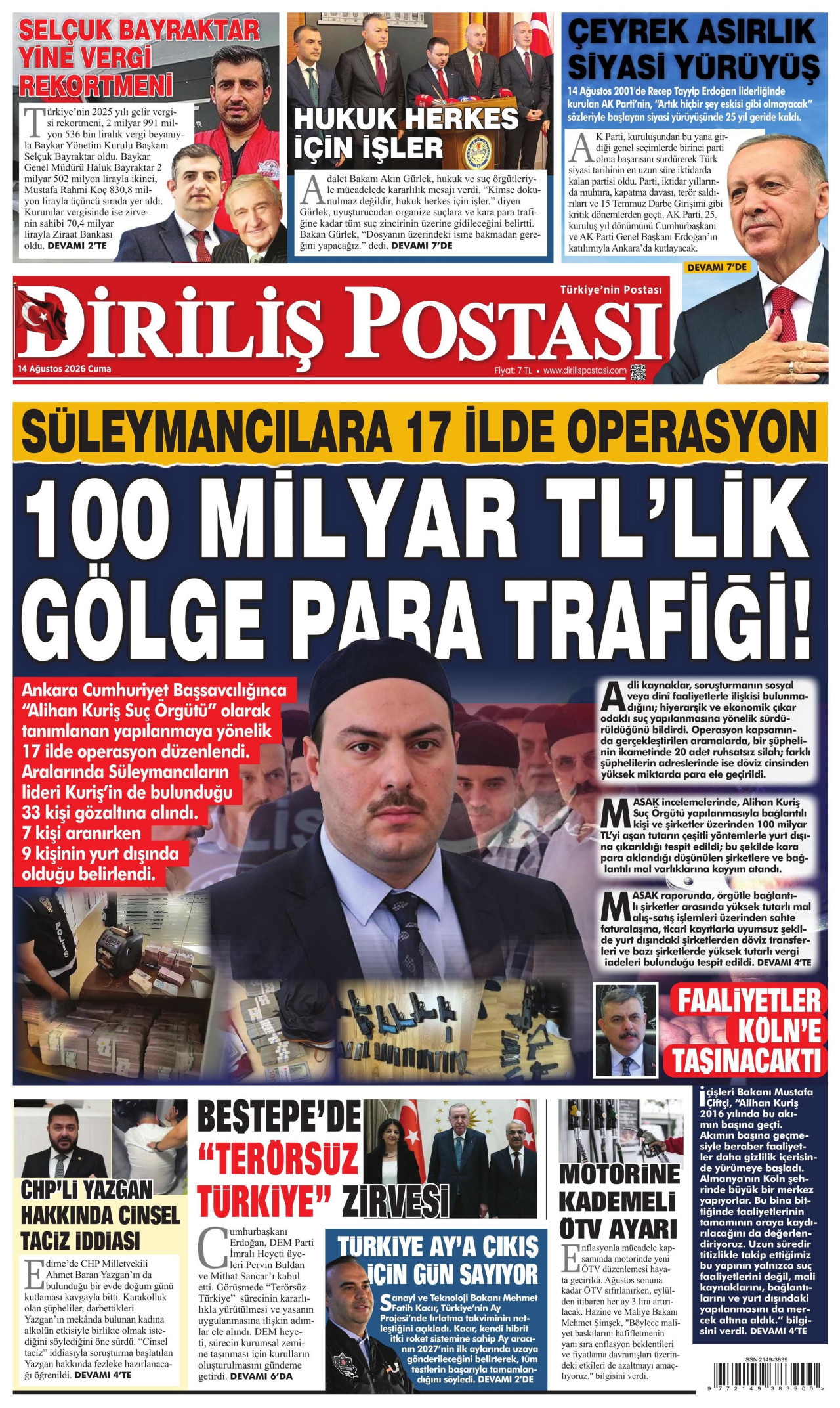 DİRİLİŞ POSTASI gazetesinin 14 Ağustos 2026 tarihli birinci sayfası