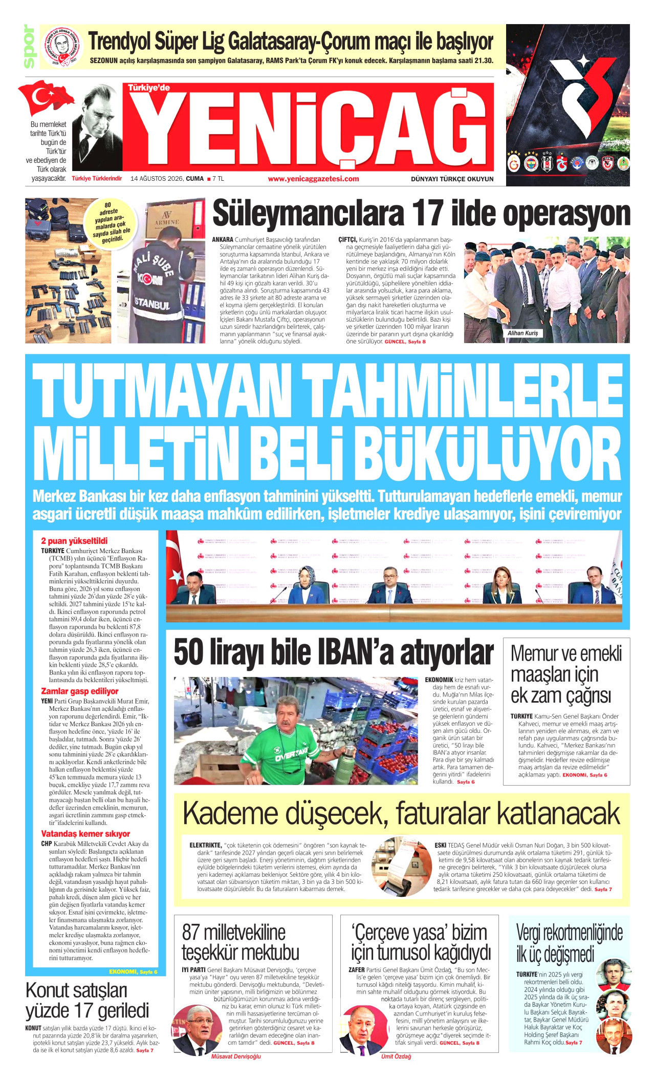 YENİÇAĞ gazetesinin 14 Ağustos 2026 tarihli birinci sayfası