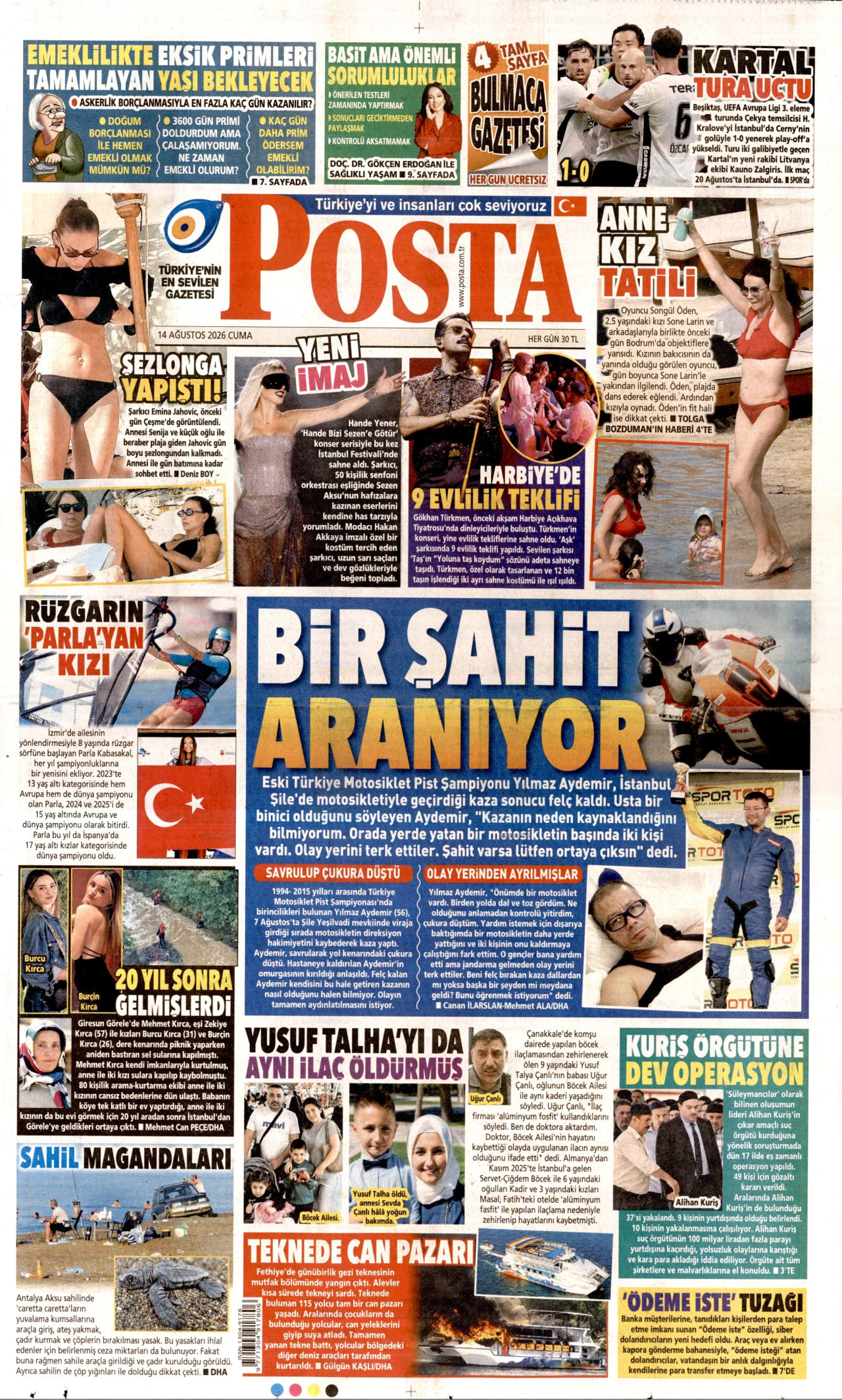 POSTA gazetesinin 14 Ağustos 2026 tarihli birinci sayfası