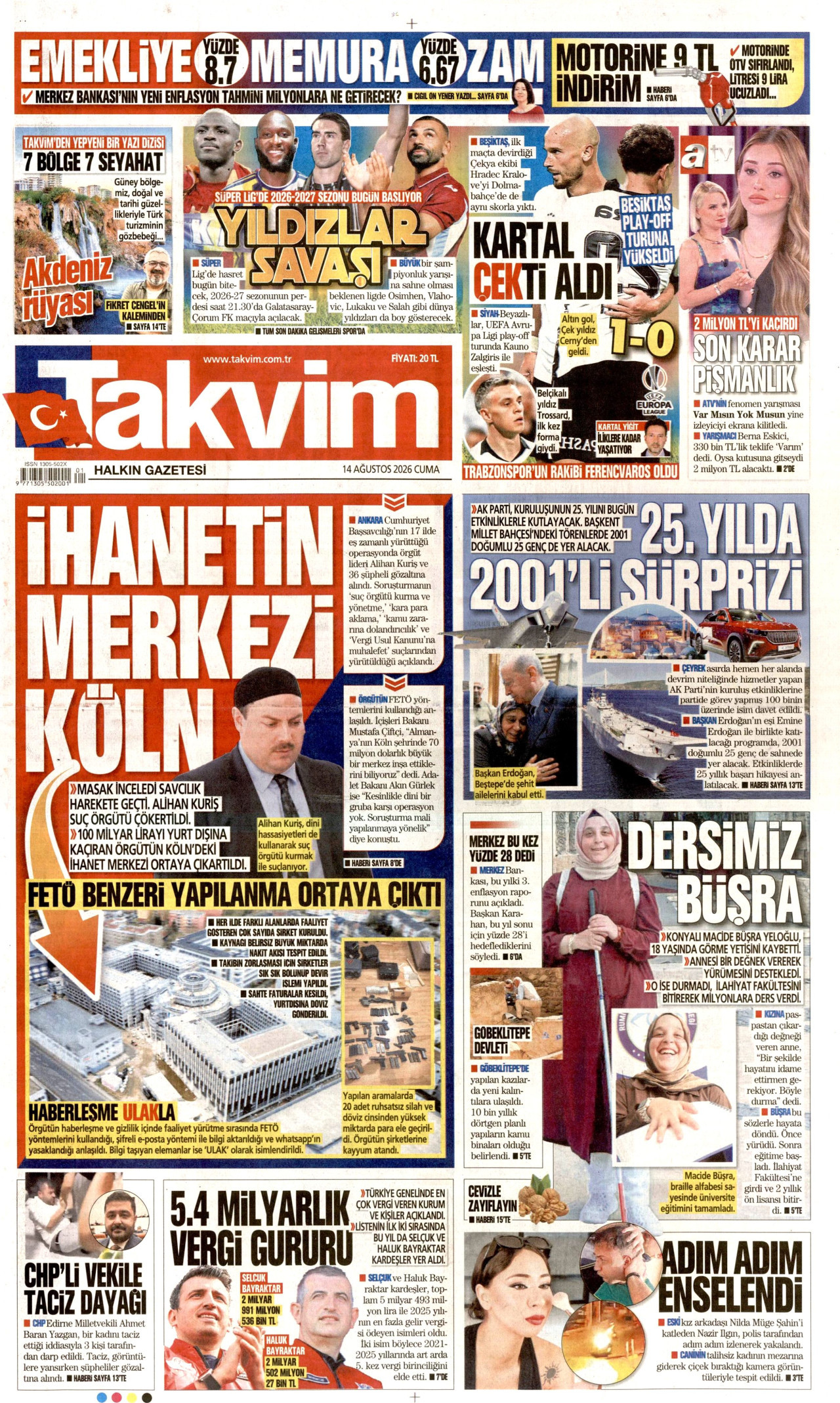 TAKVİM gazetesinin 14 Ağustos 2026 tarihli birinci sayfası