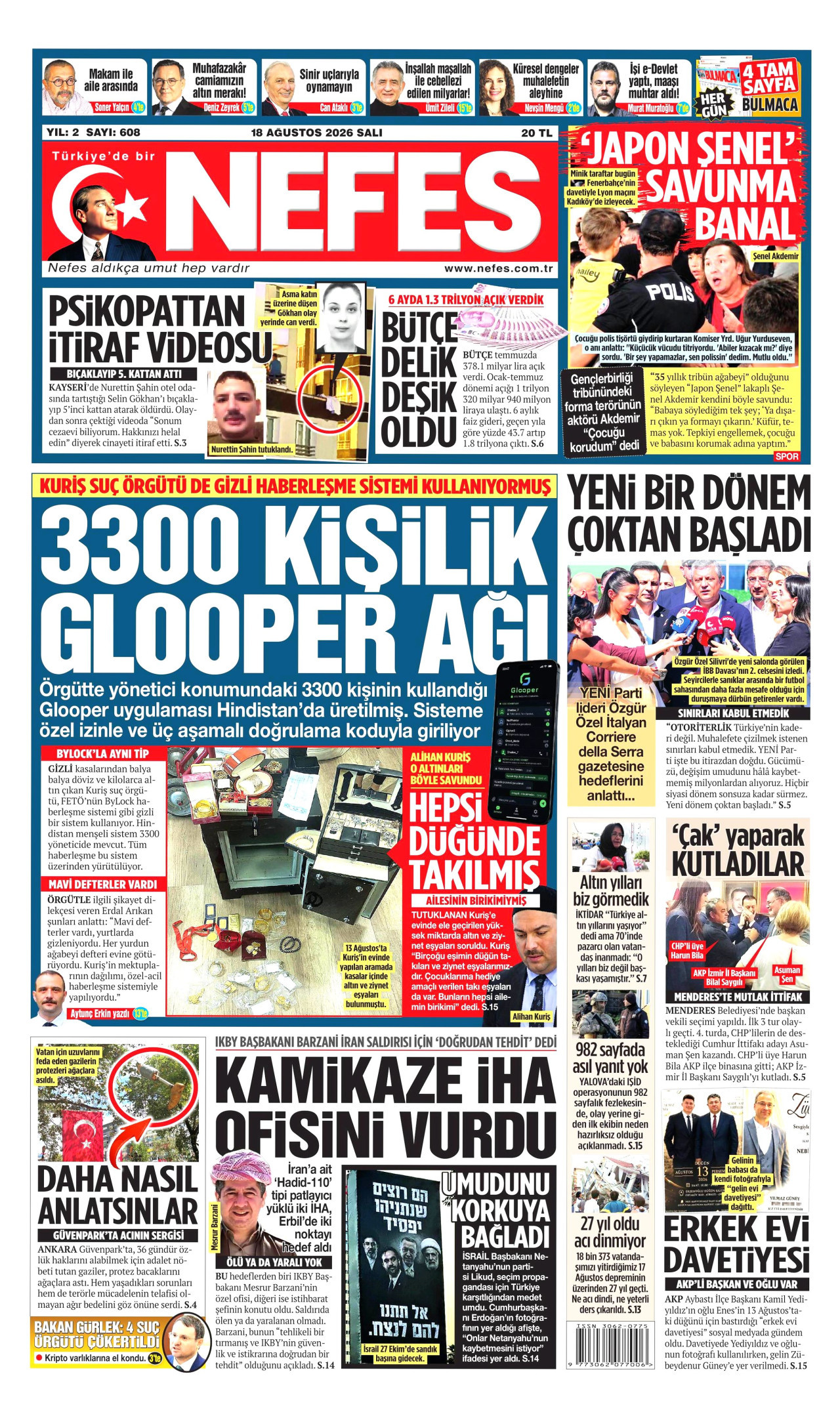NEFES gazetesinin 18 Ağustos 2026 tarihli birinci sayfası