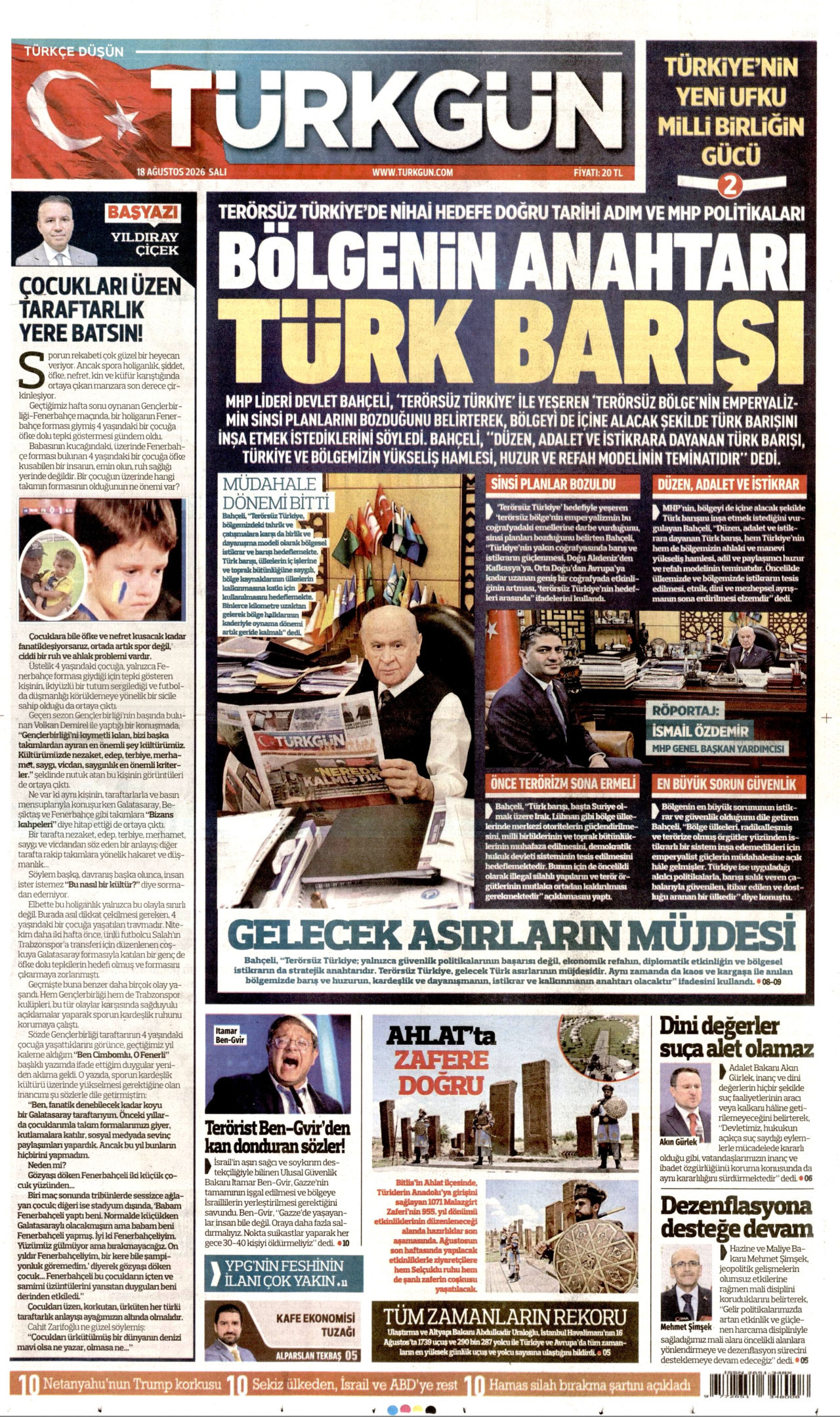 TÜRKGÜN gazetesinin 18 Ağustos 2026 tarihli birinci sayfası