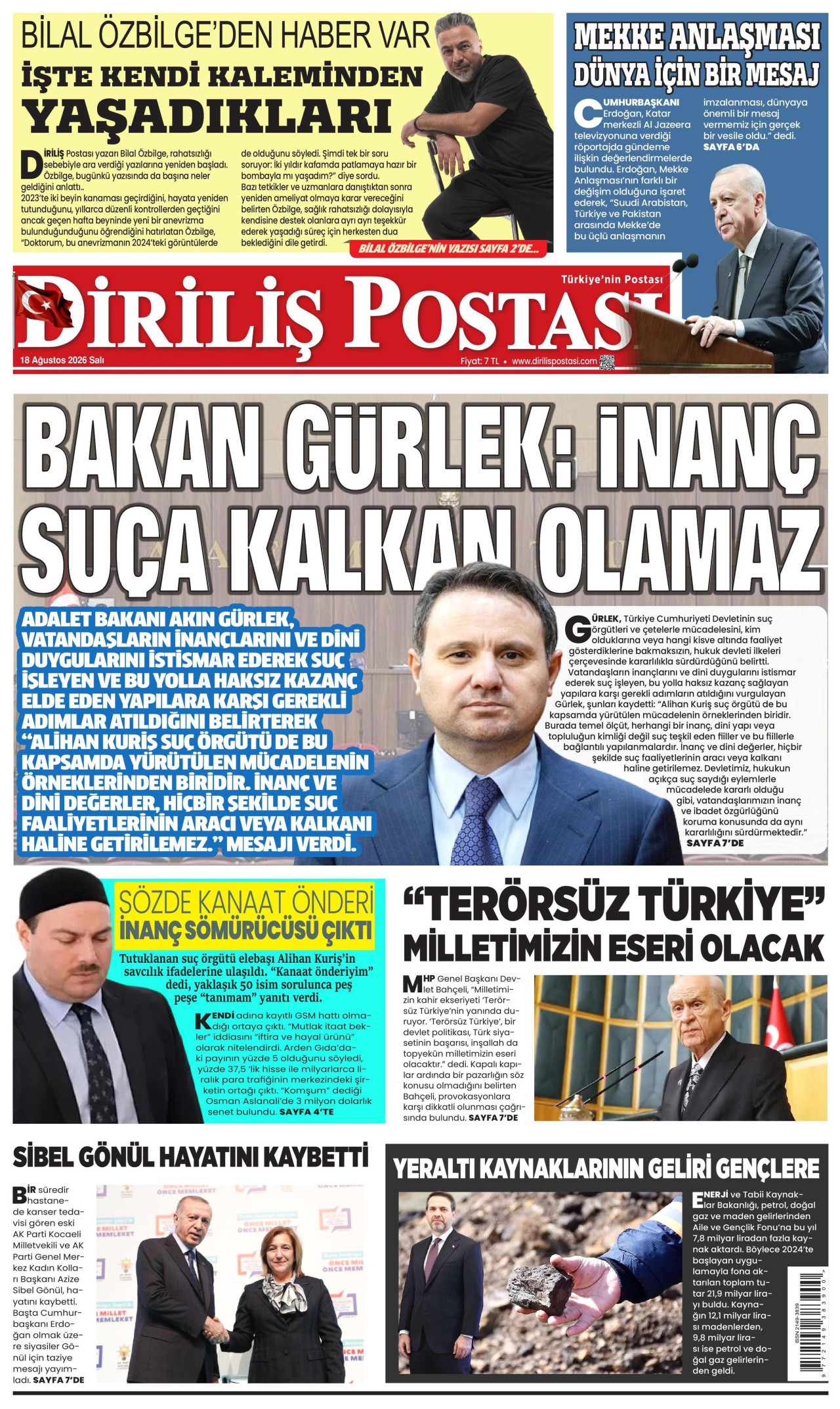 DİRİLİŞ POSTASI gazetesinin 18 Ağustos 2026 tarihli birinci sayfası