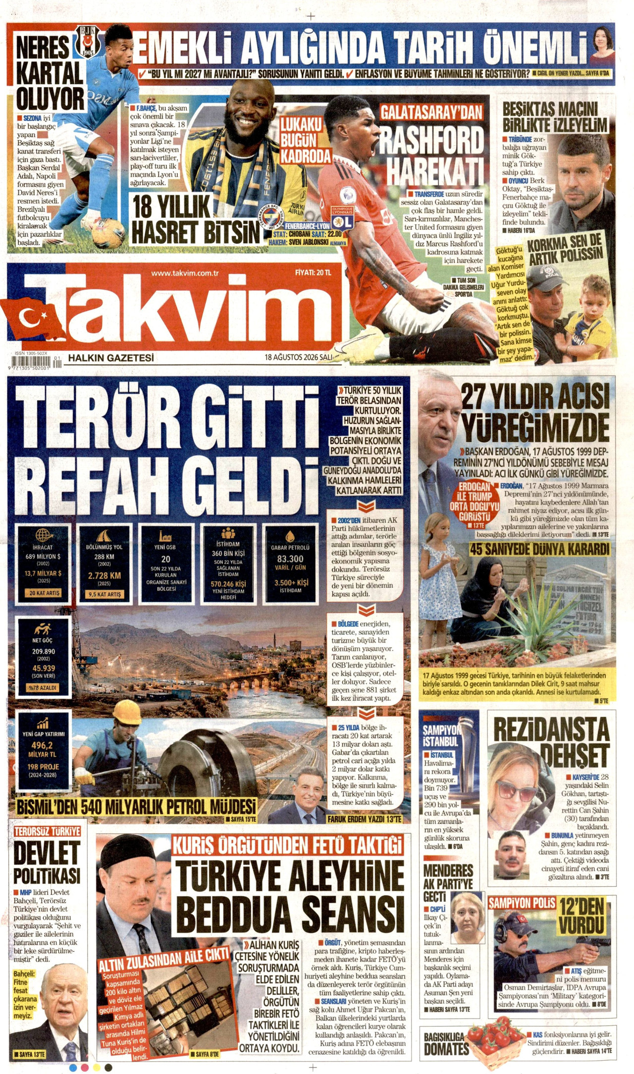 TAKVİM gazetesinin 18 Ağustos 2026 tarihli birinci sayfası
