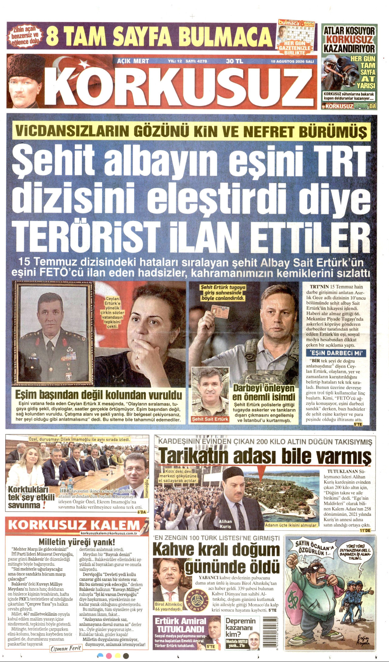 KORKUSUZ gazetesinin 18 Ağustos 2026 tarihli birinci sayfası