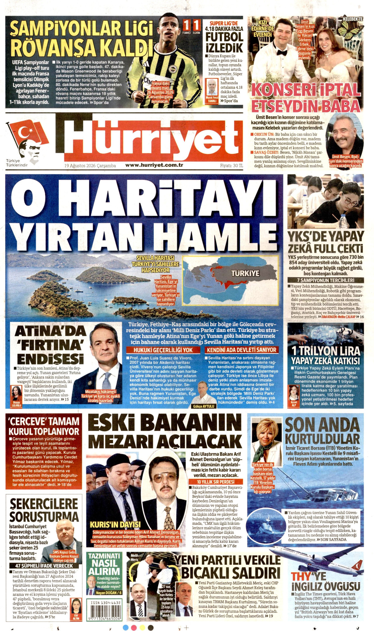 HÜRRİYET gazetesinin 19 Ağustos 2026 tarihli birinci sayfası