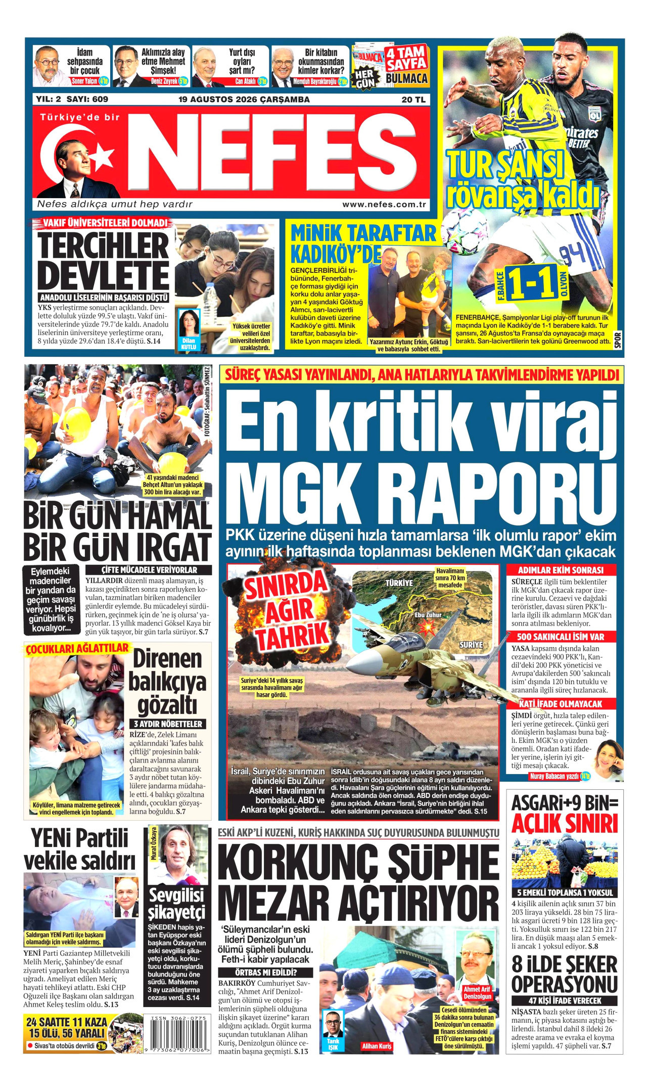 NEFES gazetesinin 19 Ağustos 2026 tarihli birinci sayfası