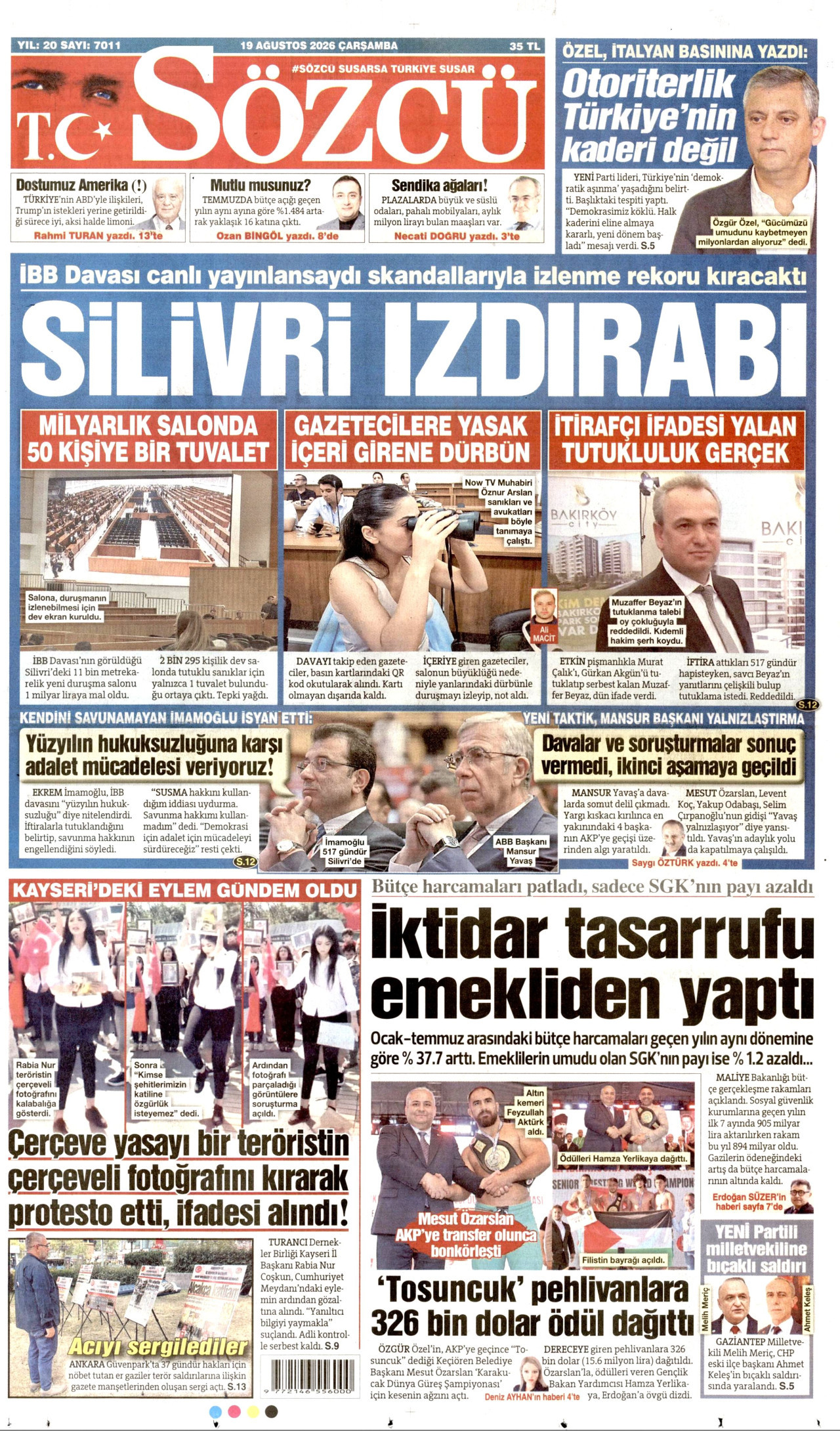 SÖZCÜ gazetesinin 19 Ağustos 2026 tarihli birinci sayfası