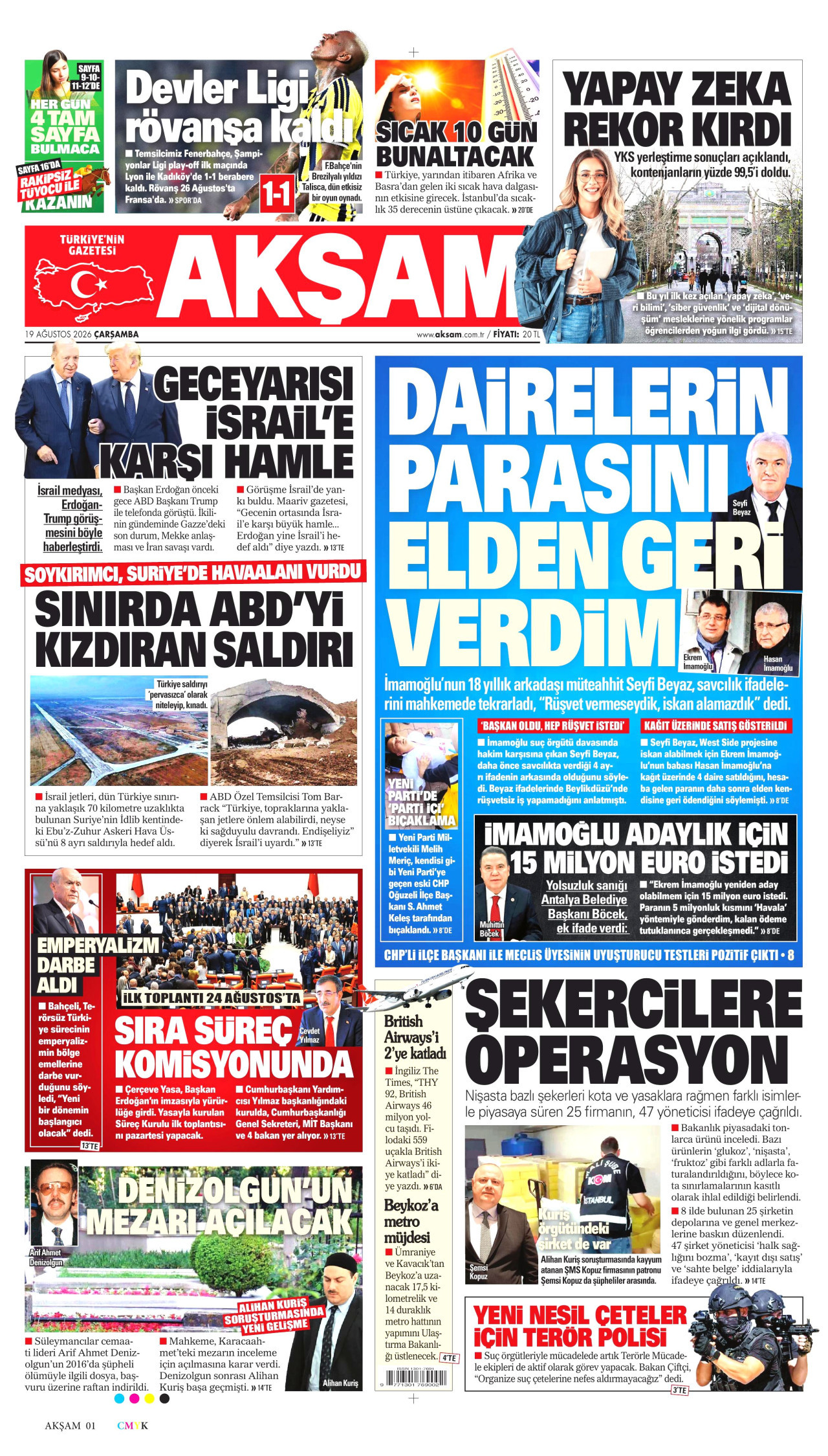 AKŞAM gazetesinin 19 Ağustos 2026 tarihli birinci sayfası