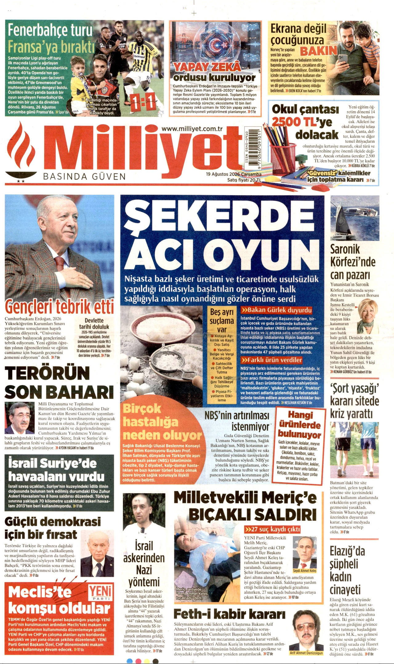 MİLLİYET gazetesinin 19 Ağustos 2026 tarihli birinci sayfası