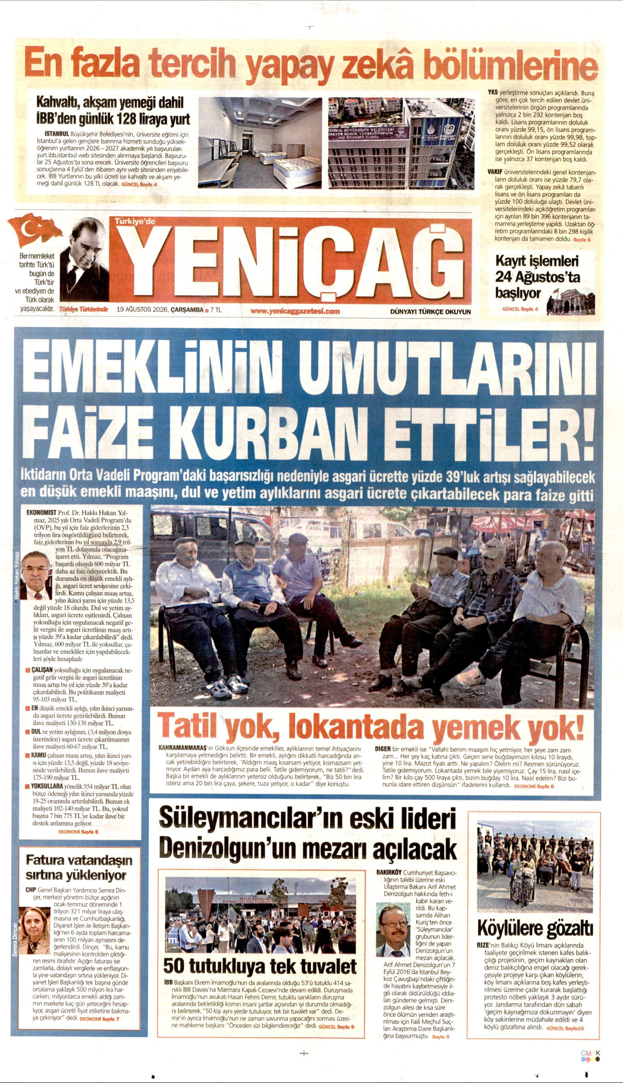 YENİÇAĞ gazetesinin 19 Ağustos 2026 tarihli birinci sayfası