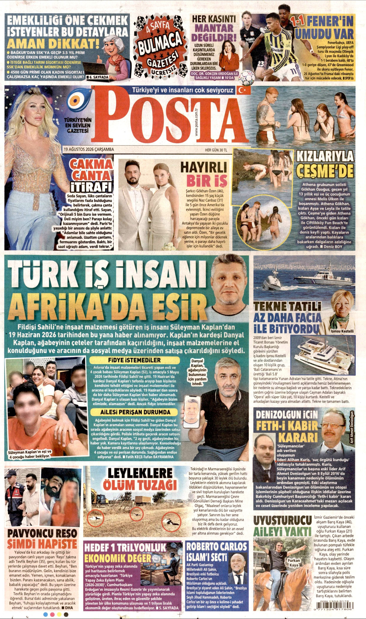 POSTA gazetesinin 19 Ağustos 2026 tarihli birinci sayfası