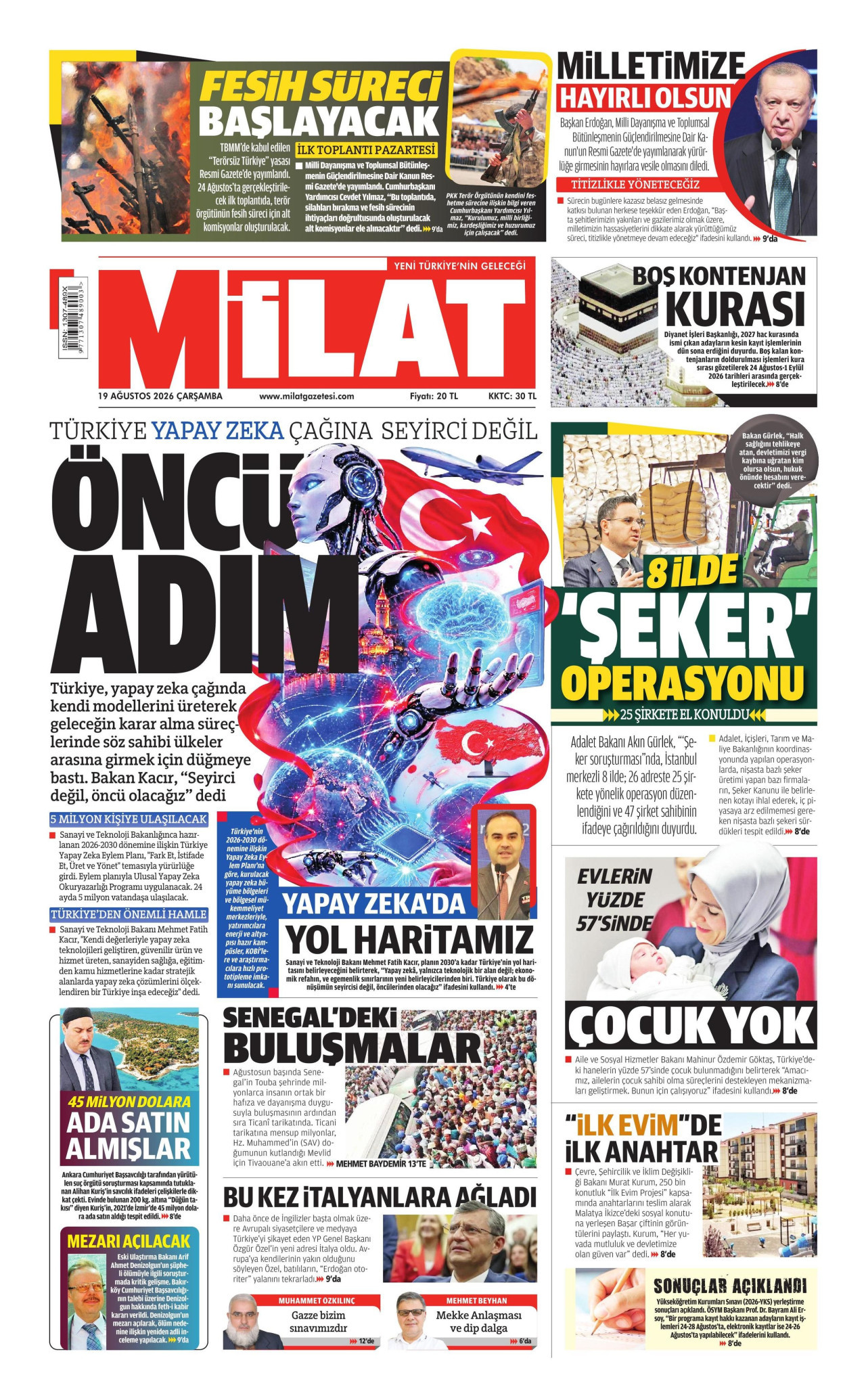 MİLAT gazetesinin 19 Ağustos 2026 tarihli birinci sayfası