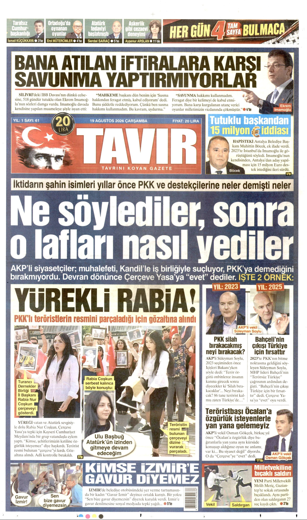 TAVIR GAZETESİ gazetesinin 19 Ağustos 2026 tarihli birinci sayfası